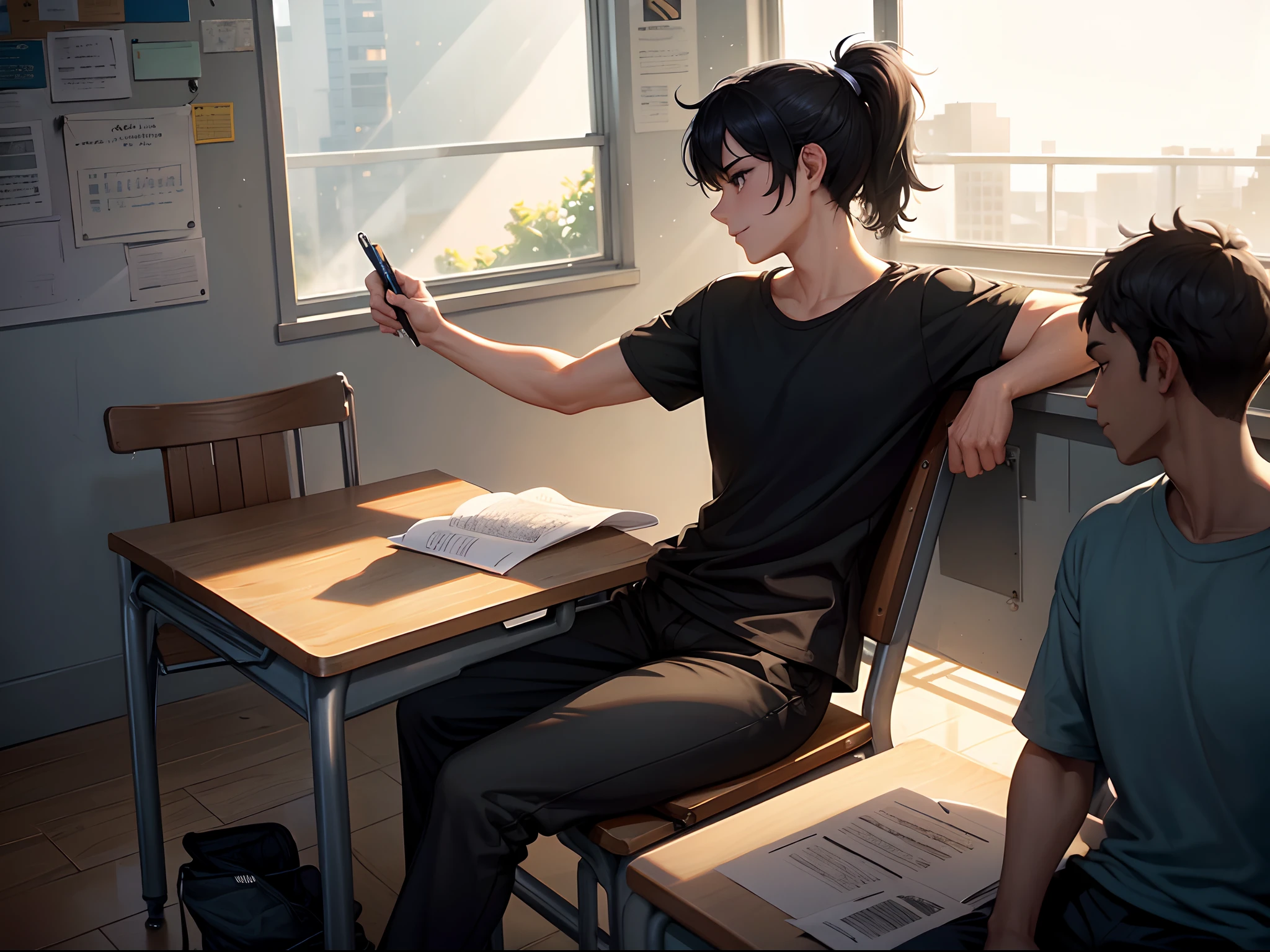 black tshirt, black joggers, baggy pants, grey shoes, black hair, high ponytail, dark brown eyes, in a college class , sitting on seat, class room, windows, fans, whiteboard, writting, looking down, working , shinny hair, shinny eyes, sun lighting, rim lights, sparkles, shinny eyes, perfect hands, perfect detailed face, detailed background,side view, solo, bloom,cool, bright colours, shinny , 2 arms,side lighting, solo,single person, masterpiece, high quality, messy hair, light smile, writting, sitting on seat, sitting on desk , books on table, pen in hand
