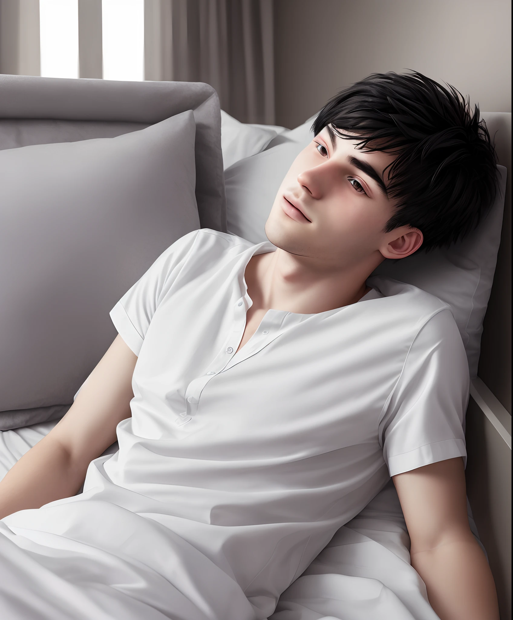 Ultra realistic image of a 20 year old man, short black hair, dressed in a plain white blouse, lying in bed looking at the bedside table hyper realistic
,4k