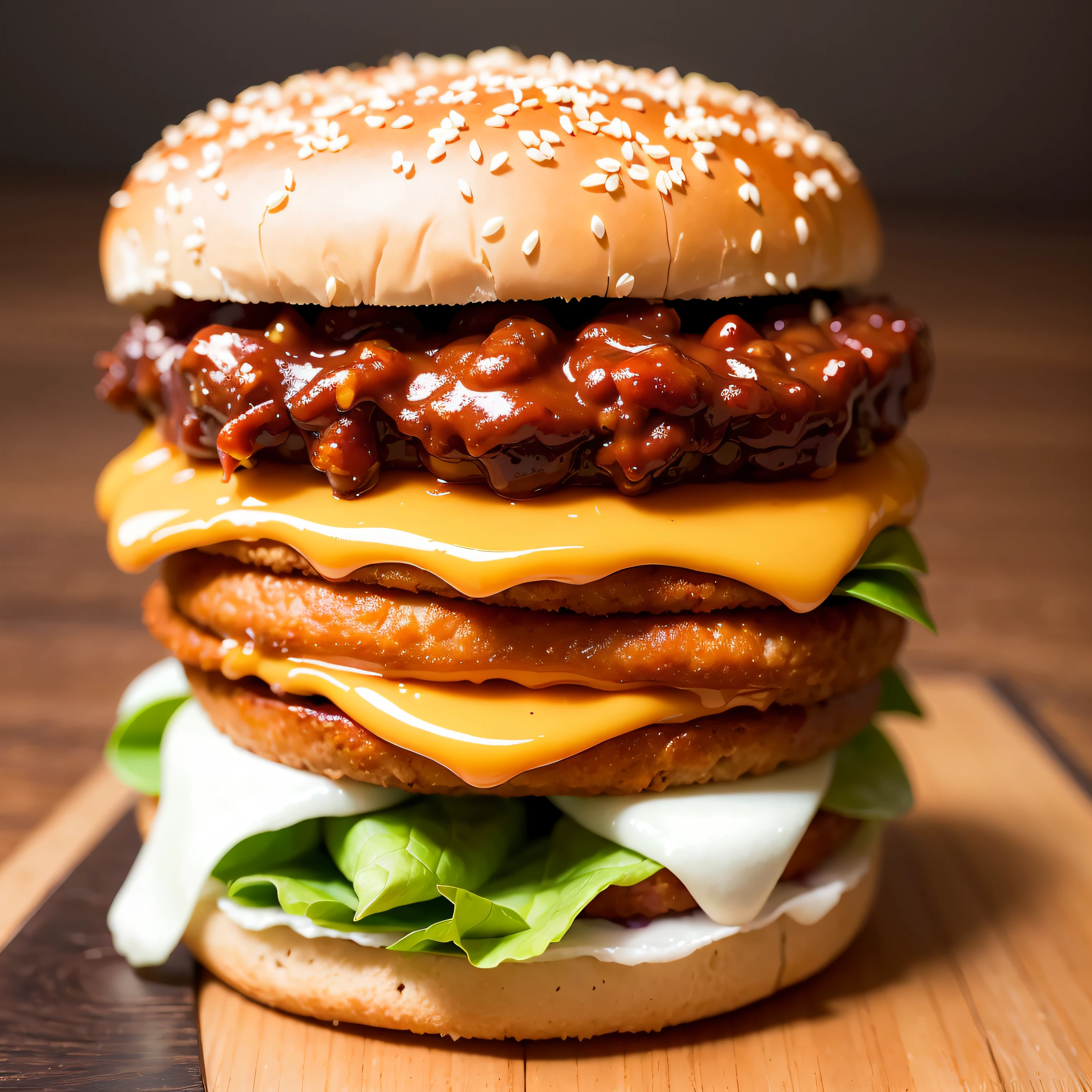 La mejor calidad, ultra-high-resolution, (fotorrealista:1.4), Ultra detallado,Incredibly detailed, Big Mac, carne frita, wet lettuce, derretir queso,