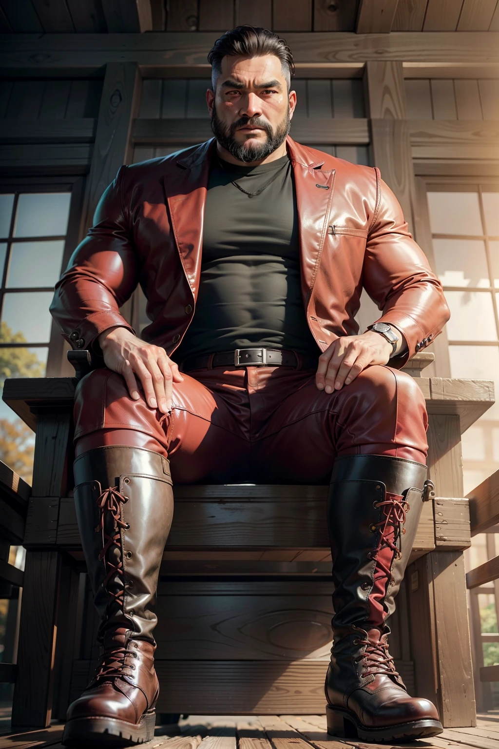 45-year-old middle-aged man，Man，uncles，Height 195，Asian people，seated on a throne，God perspective，The eyes are about to face each other，Chinese men，musculature，Lift one foot，Wears a long red trench coat，Red suit，Black socks，Black tall riding boots，wearing military shoes，Riding boots，army boots，massive boots，Ferocious and ferocious，Horse farm background，Rope in hand