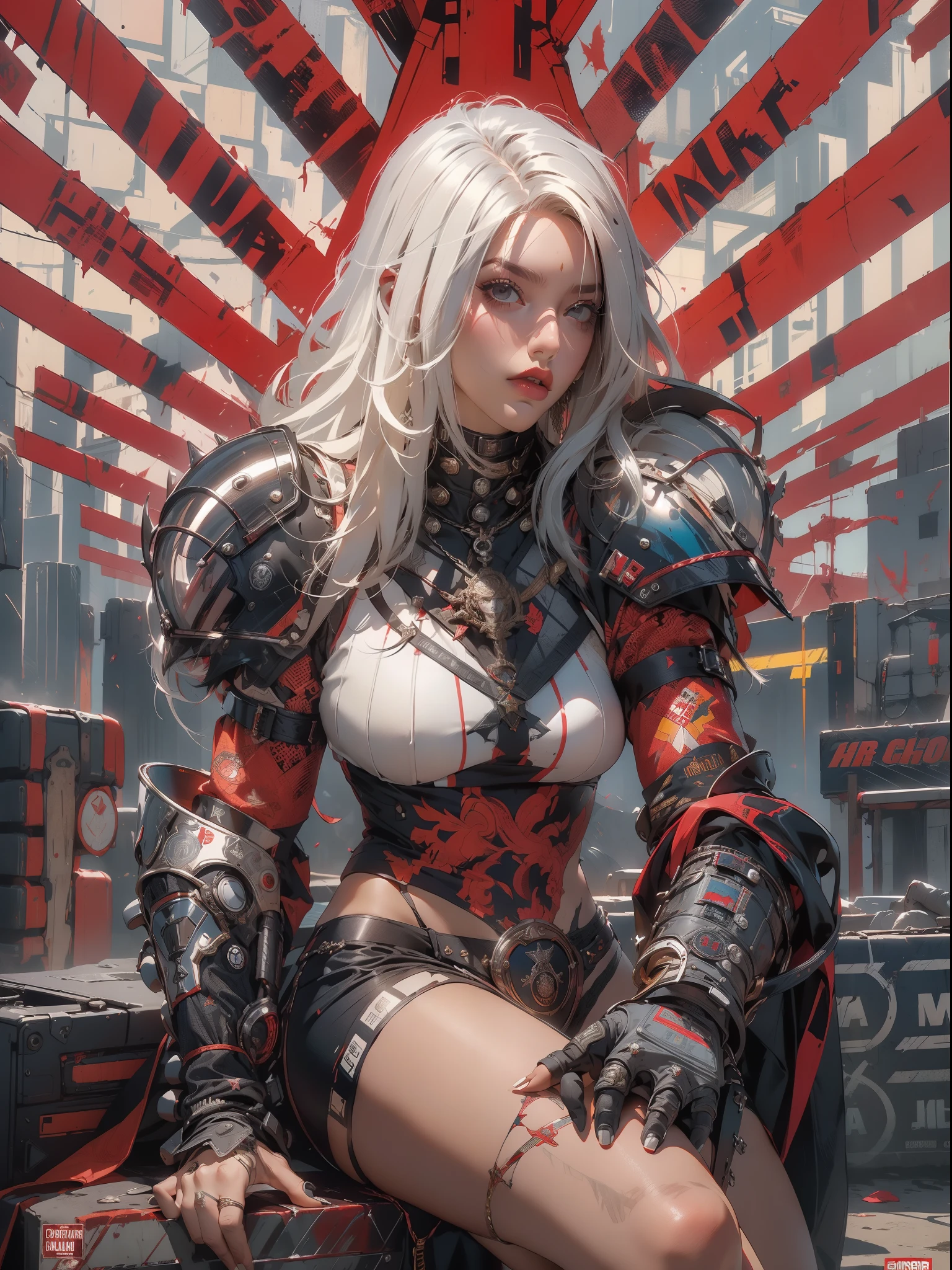 (((mulher))), (((melhor qualidade))), (((obra prima))), (((adulto))), (((1girl))), ((( corte de cabelo bob ))), Uma gladiadora cyberpunk mulher de 25 anos com corpo perfeito, shoulder pads with metal spines, Gladiadores do Brooklyn, (( corte de cabelo bob )), tiny leather panties, camiseta de time de rugby rasgada, quase nua no estilo selvagem urbano de Simon Bisley para a capa da revista Heavy Metal, Cabelo loiro curto, Minimum clothing, Metal protection on the left arm with intricate graphics, Dark red with white stars and white and navy blue checkerboard pattern, armadura, cheio de pontas e rebites, (((do joelho pra cima))), cabelos loiro branco curto, no fundo uma parede pintada por Shepard Fairey com um design intrincado