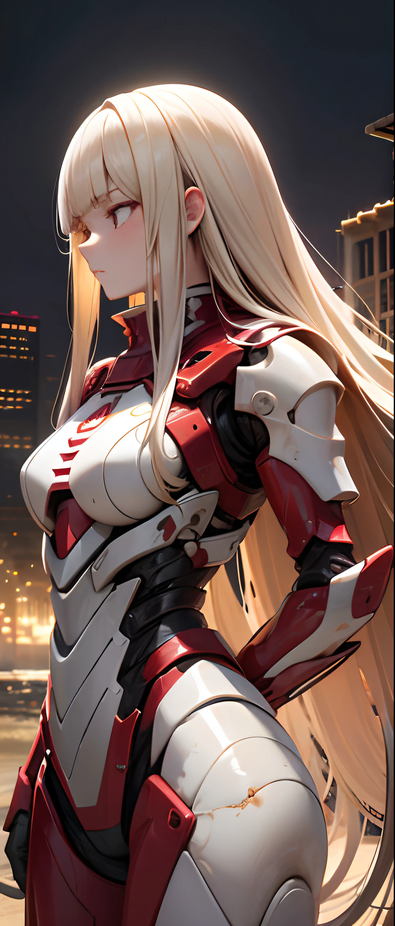 best quality,masterpiece,girl with a red powered exoskeleton,extremely long hair,spreading hair,ivory hair,wet,1 girl,hair strand,Fair skin,blunt bangs,looking away,ruined city,sand dancing,(backlight),(whole body),