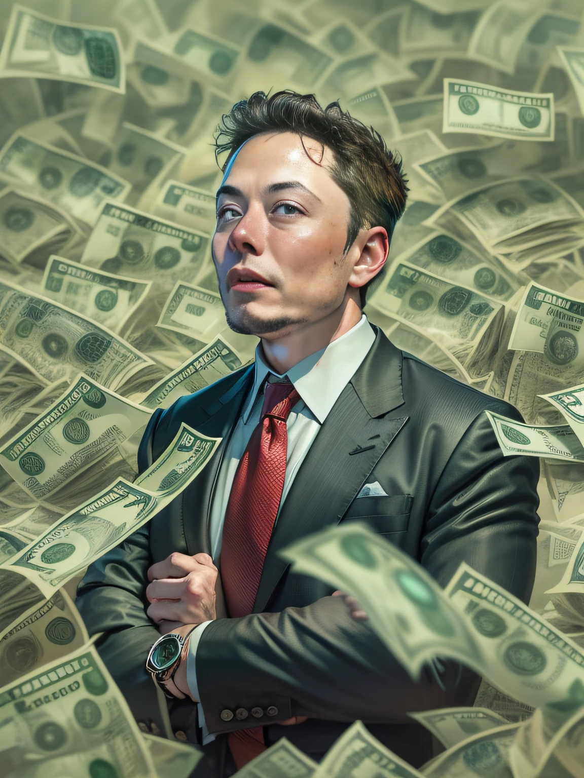 Elon Musk, A detailed painting of an outsider in a suit, Surrounded by a barrage of dollar bills, Aim for a《Financial freedom formula》One book as the center.