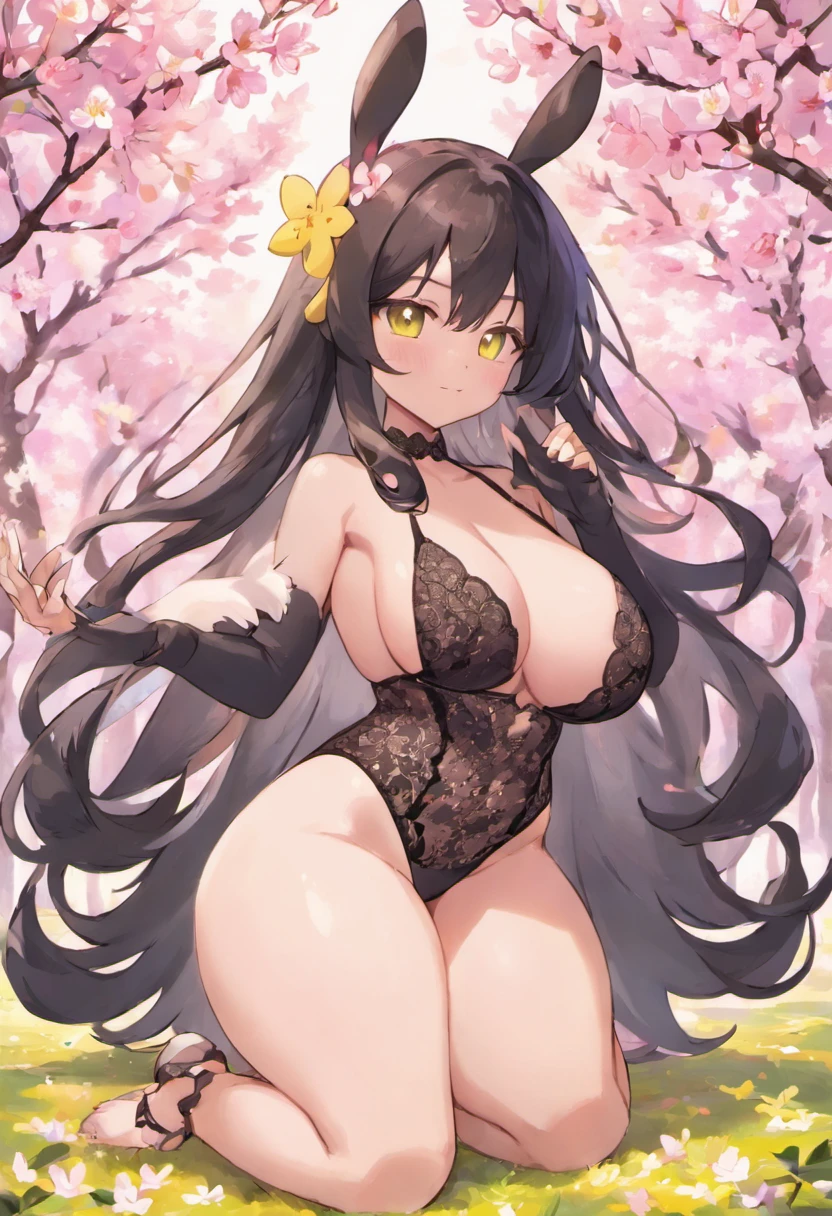 ((Pokemon Lopunny) with ((Long straight black Hair)) and ((light yellow eyes)) and ((hyper Breasts)) and ((hyper waist)), ((full-length portrait)), ((thicc)), ((sitting down on a cherry blossom tree doing something sexy)), ((wear black lace bra with small black lace panties)) and ((Massive Hourglass Figure))