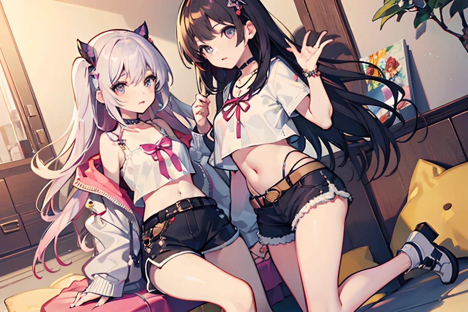 ,twins, Masterpiece,Best quality,offcial art,Extremely detailed Cg Unity 8K wallpaper, 2girls, cute female ,hair adornments, Short shorts, Crop top, ribbon_choker necklace, leg belt,