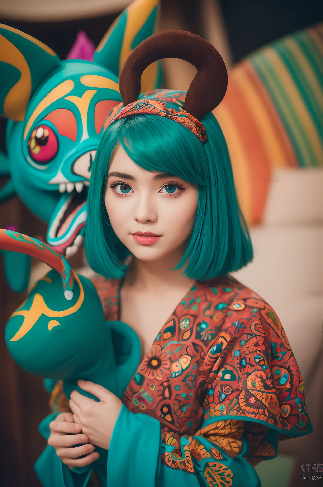 1 girl,teal hub color,Sony Alpha 1,Sony FE 16-35mm f/2.8 GM,sharp focus,highly detailed,rich colors,vibrant colors,trend on Artstation,4k,xxmix girl,(alebrijes art style)