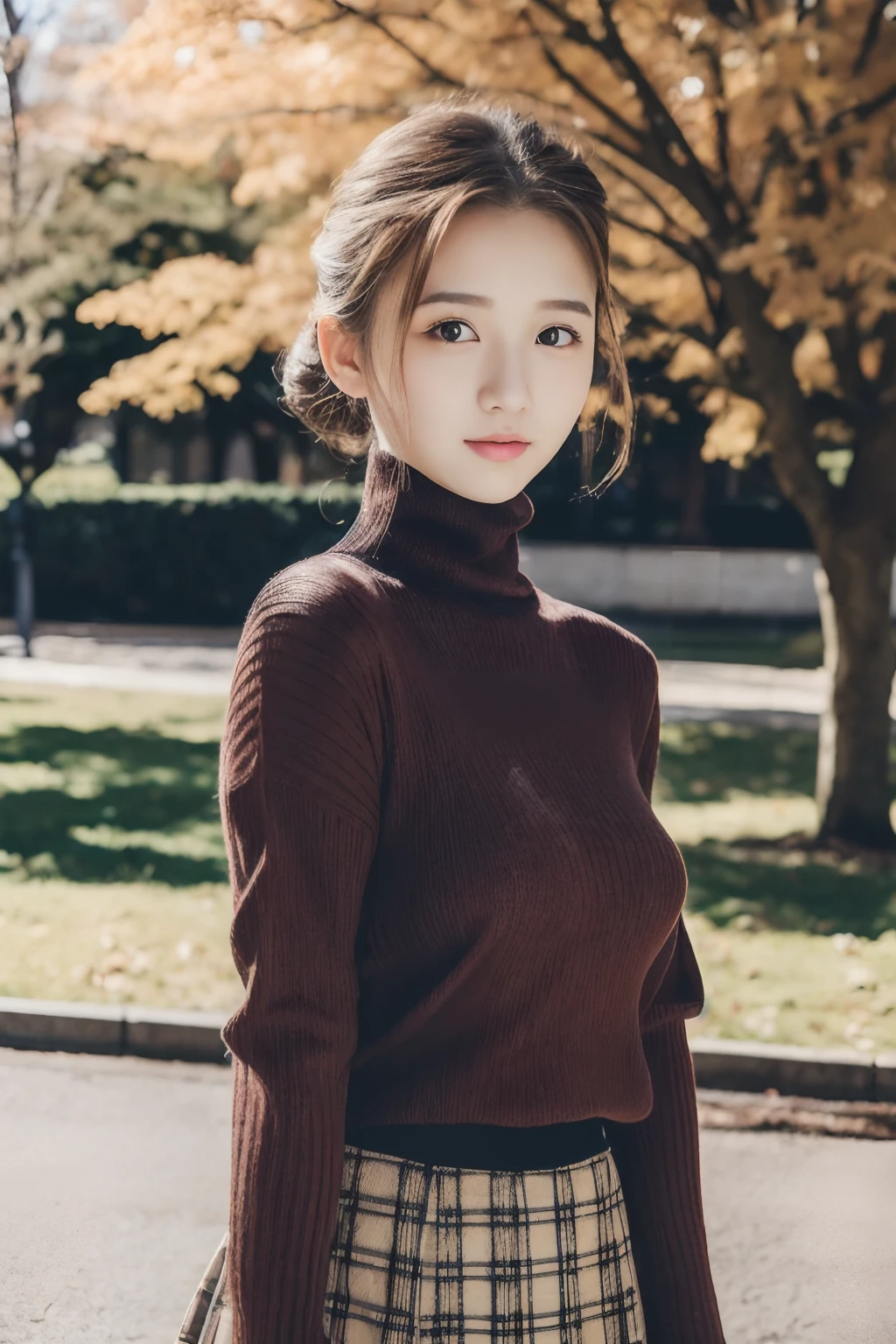 medium (shoulder-length:1.2) updo caramel hair, (masutepiece:1.1),(Best Quality), (Raw photo), (Beautiful 14 year old Japan girl), (Cute face),
(hitornfreckles:0.6), Cute lips,
Dynamic lighting,
Provocative,
Happy,
In the park,
(Black turtleneck sweater and checked mini skirt),
(Photo collection of female college students),