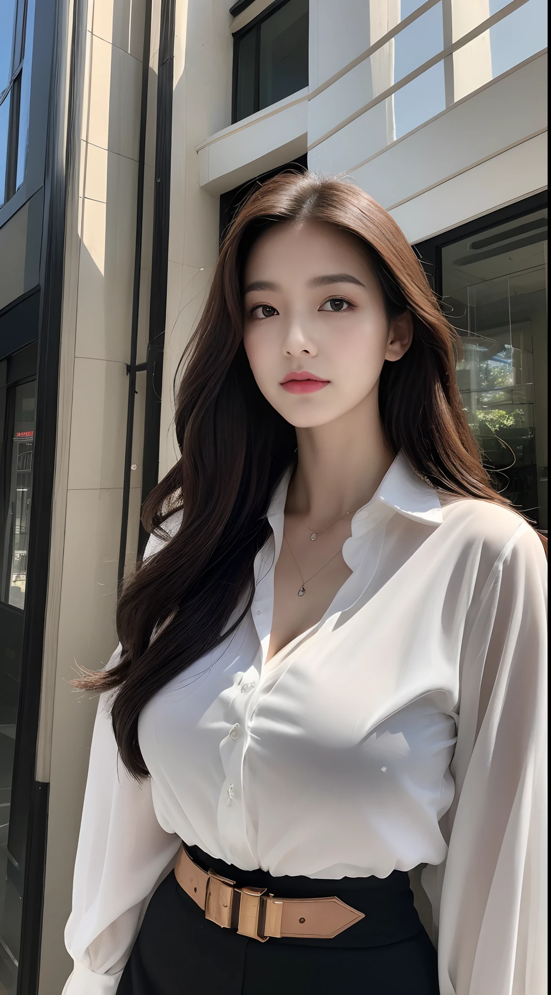 (Best quality, High resolution, Masterpiece :1.3), A tall and pretty woman, Slender abs, Dark brown hair styled in loose waves, Breasts, Wearing pendant, White button up shirt, Belt, Black skirt, (Modern architecture in background), Details exquisitely rendered in the face and skin texture, Detailed eyes, Double eyelid