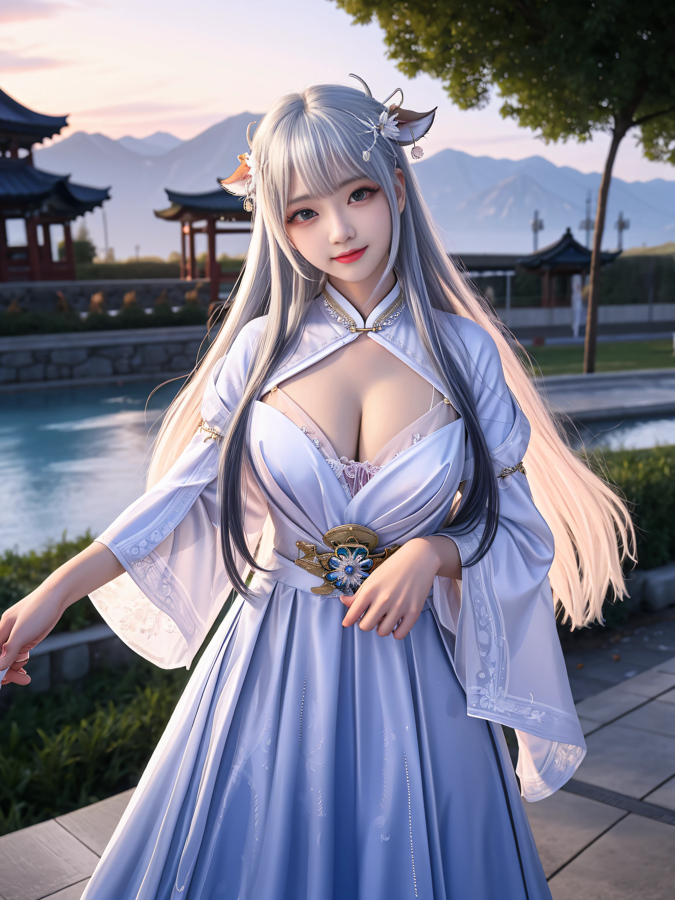 1girll,独奏,White hair,liquid hair,Long hair,are standing,liquid clothes,wedding gown,,Mare,Large breasts,Eau,are standing,Raised by himself,cleavage,cow boy shot,blue-sky,wave,brunette color hair,s girl,a purple eye,Iris hair ornaments,Iris,ssmile,独奏