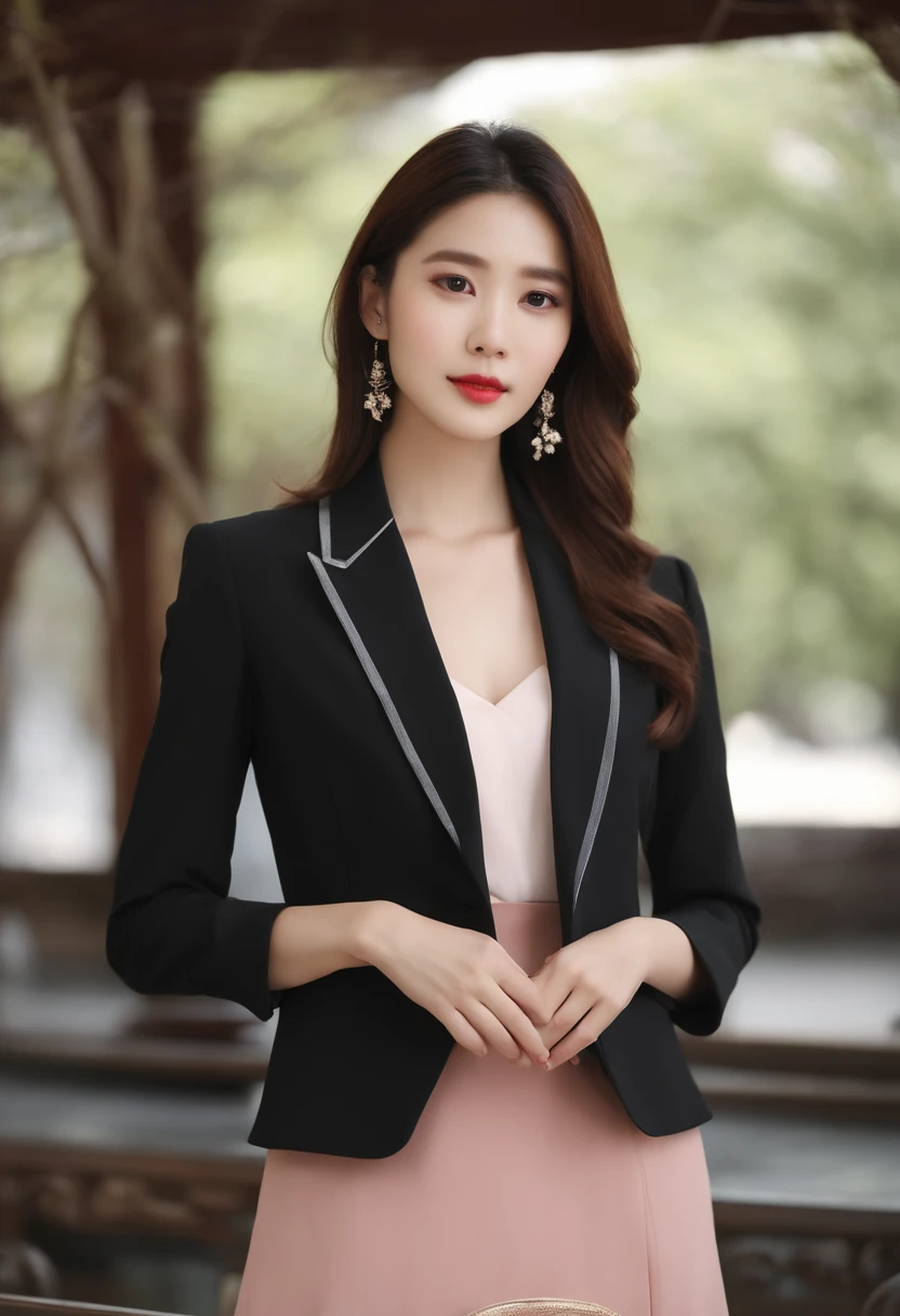 Gentle and beautiful woman, half-body photo, delicate sexy collarbone, charming oval face, Double eyelids, Smart Peach Blossom Eyes, Pink lips, Small nose, Bare shoulders, Focused face, facial closeups, hyper HD, super detailing, Graceful standing, Black British preppy double-breasted casual loose Korean blazer, Wear it with a black pleated skirt suit