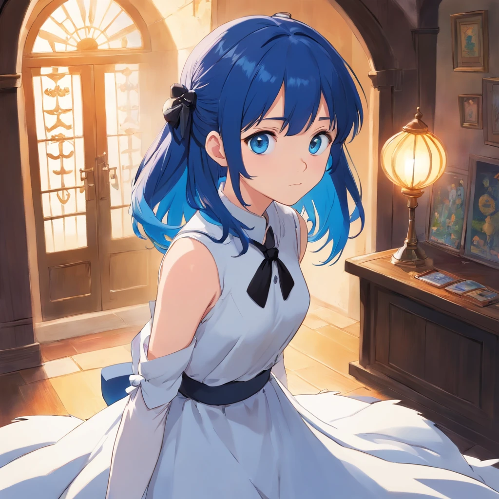 innocence, Deep blue hair, Twin-tailed, arms behind back, White Dress, Black waist tie, girl with,Blue eyes,