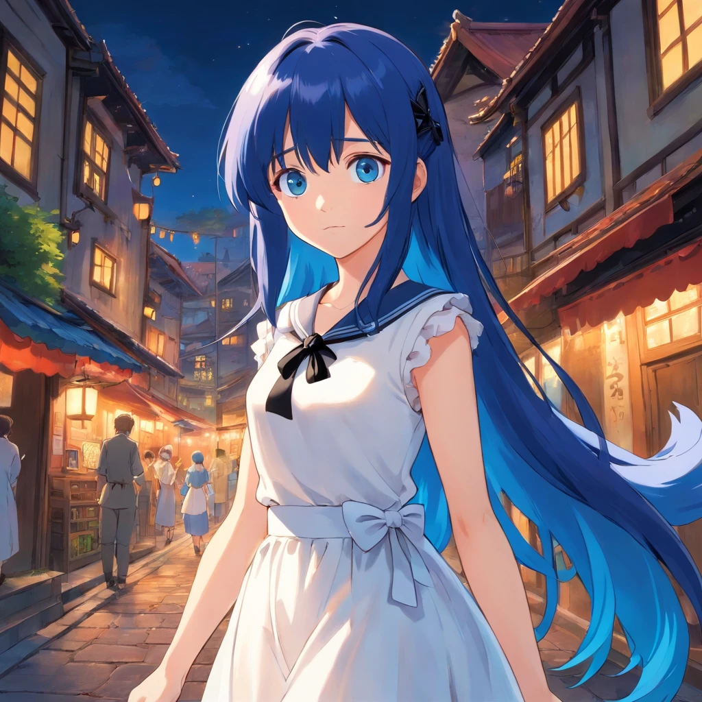 innocence, Deep blue hair, Twin-tailed, arms behind back, White Dress, Black waist tie, girl with,Blue eyes,