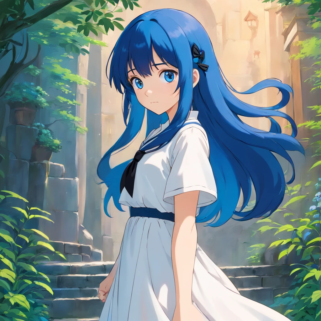 innocence, Deep blue hair, Twin-tailed, arms behind back, White Dress, Black waist tie, girl with,Blue eyes,