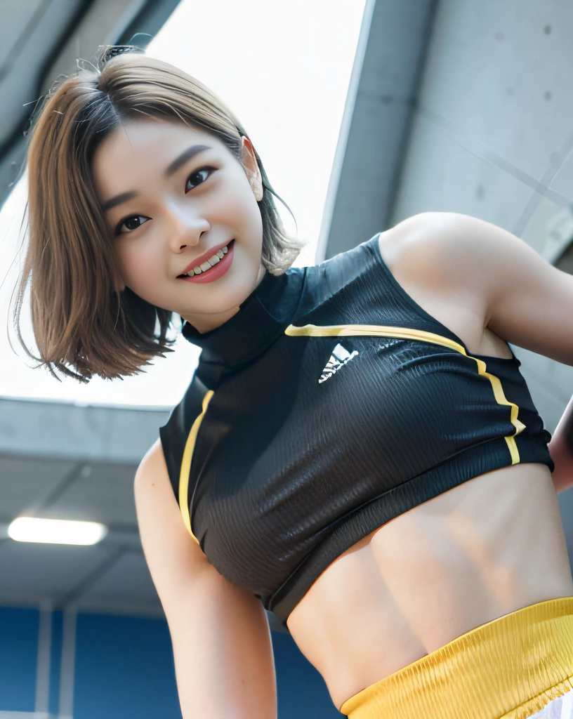 zydG, 1girls, Front view, stand, looking the viewer, exposed skin, (from below),brown-eyed, (blonde very short hair:1.2), (light hair), (medium breasts:1.4), smile with white teeth, (photorealestic:1.4), (Top image quality:1.0), (UltraHighResolution:1.0), 8K, Raw photography, (A masterpice:0.2), track and field uniforms, show abs, (sweat, wetty:1.1), portlate, facefocus, ful body,(pureerosface_v1:0.5), outdoor, track and field,