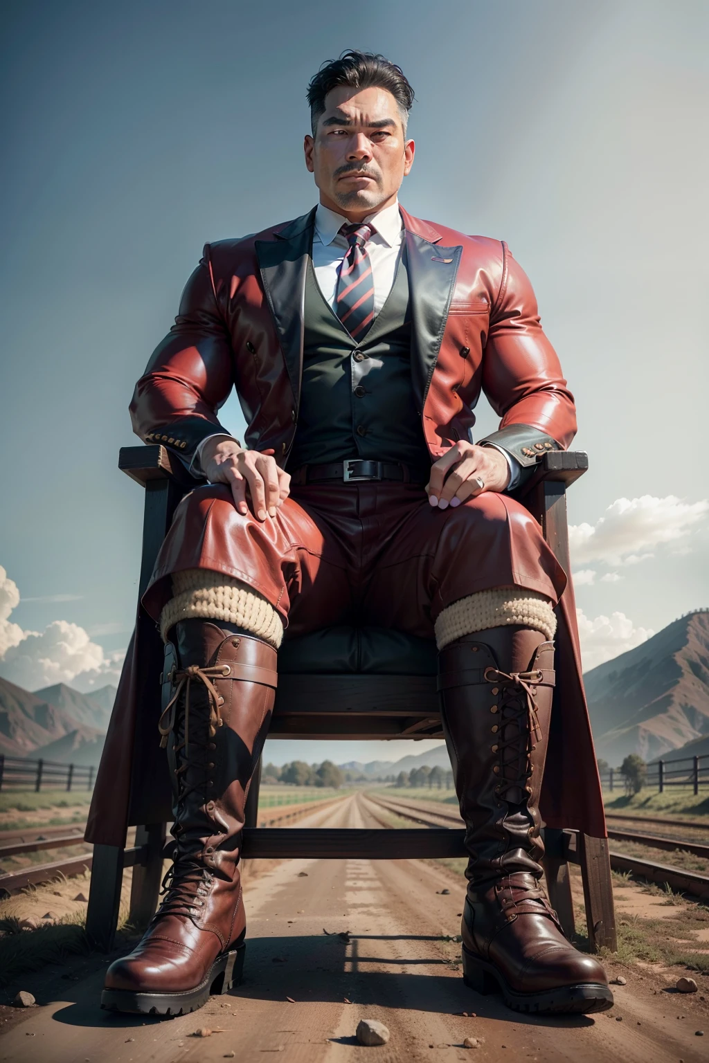 45-year-old middle-aged man,Man,uncles,Height 195,Asian people,seated on a throne,God perspective,The eyes are about to face each other,Chinese men,musculature,Lift one foot,Wears a long red trench coat,red necktie,Black socks,Black tall riding boots,wearing military shoes,Riding boots,army boots,massive boots,Ferocious and ferocious,Horse farm background,Rope in hand