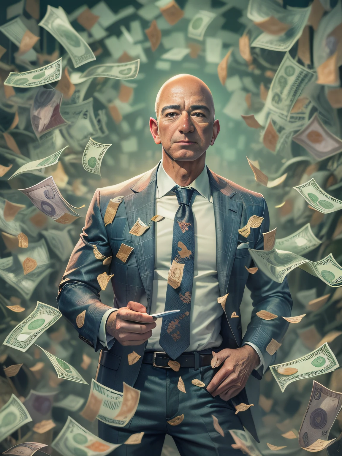 Jeff Bezos, A detailed painting of an outsider in a suit, Surrounded by a barrage of dollar bills, Aim for a《Financial freedom formula》One book as the center.