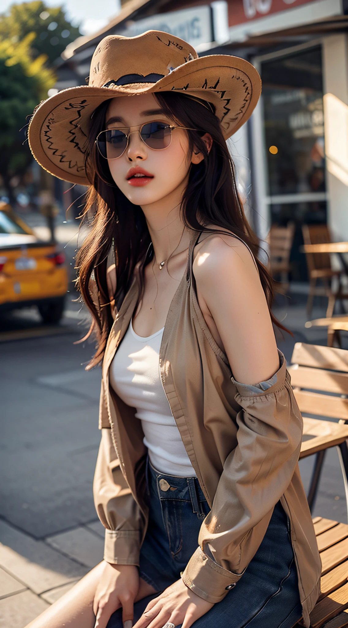 4K Ultra HD, Best quality, A girl, Good face, sun glasses, Detailed lips, Long hair, Straight hair, Wear denim clothing, Cowboy hat, Blurred background, Relaxed atmosphere, Full body capture,