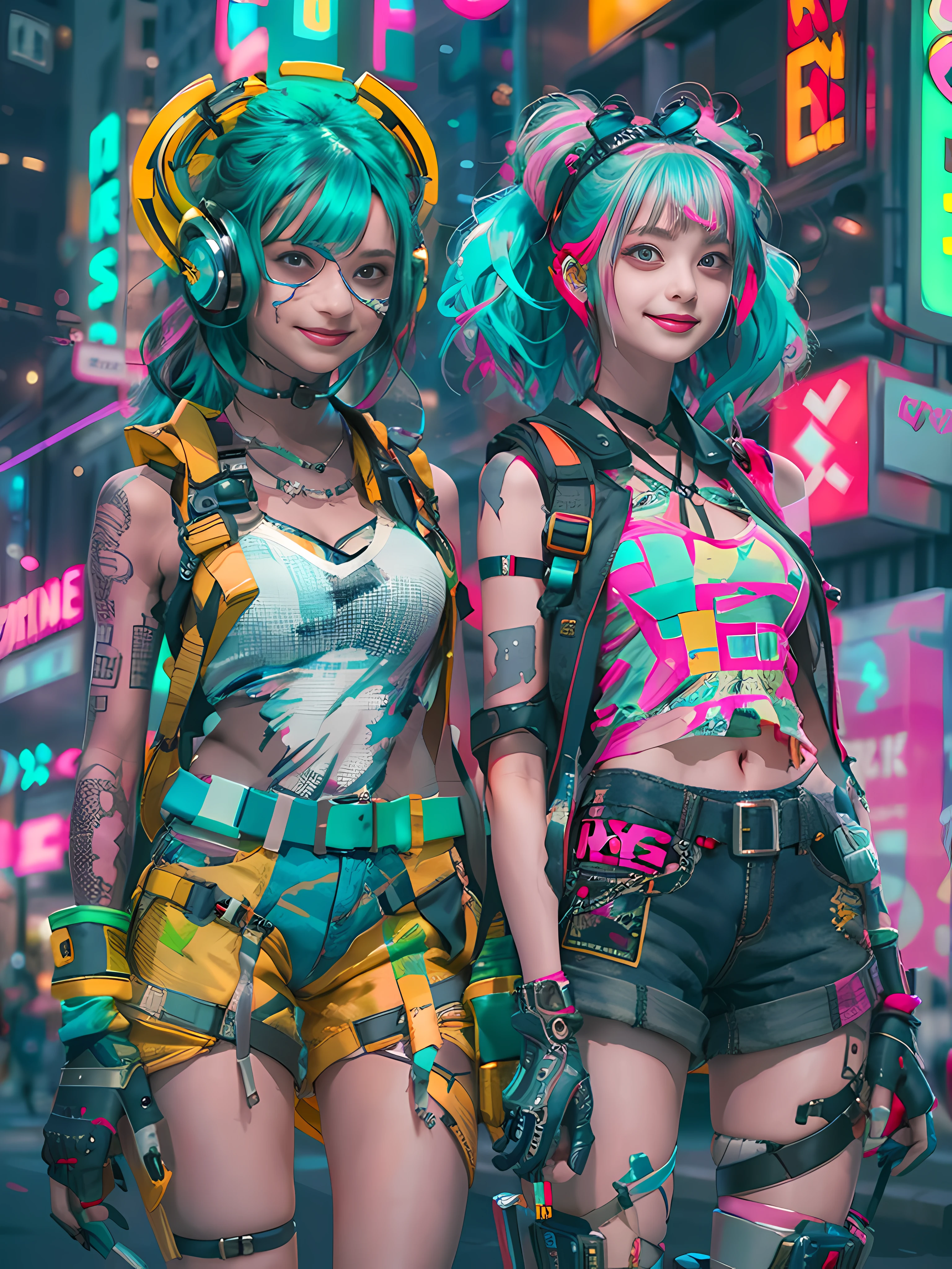 masterpiece, best quality, 2 confident cyberpunk girls holding hands, Harajuku-inspired pop outfit, bold colors and patterns, eye-catching accessories, trendy and innovative hairstyle, vibrant makeup, Cyberpunk dazzling cityscape, skyscrapers, neon signs, LED lights, bright and vivid color scheme, anime, illustration, detailed skin texture, detailed cloth texture, beautiful detailed face, intricate details, ultra detailed.