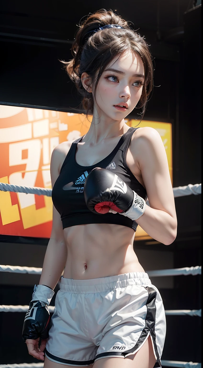 (original) , (very detailed wallpaper) , (best quality) , (masterpiece) , photographic reality, realistic, very detailed illustrations, (1 girl) , beautiful eyes, (delicate face) , perfect detail, (best lighting) , (super complex details) , 
 (boxing girl) , (aggressive punching) , sweat, heavy breathing, (oppressive attack) , (boxing ring) , athletic shorts, perfect detail, perfect fingers, perfect limbs, impact, (shiny skin) , abs, muscles, waistline,boxing shorts, fist fight, black hair, high ponytail, very long hair, 
4K unified, (super detailed CG: 1.2) , (8K: 1.2) , realistic, octane rendering