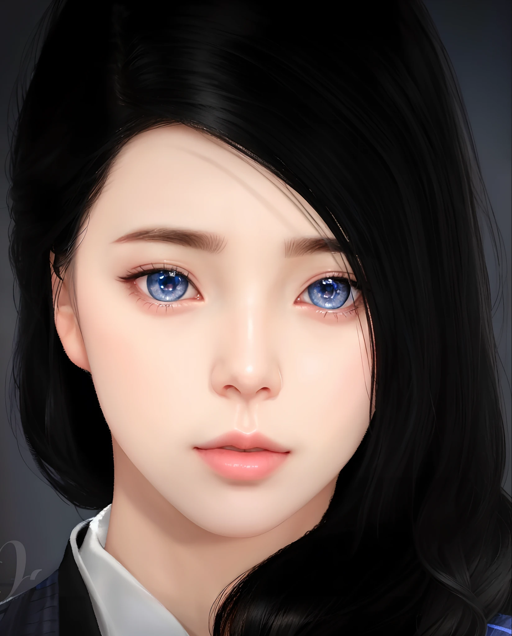 Close-up of a person with dark hair and blue eyes, With a very detailed face, Inspired by Sim Sa-jeong, kawaii realistic portrait, Real detailed face, extremely detailed realistic face, 3 d anime realistic, 8K very detailed face, detailed realistic face, [ 4 k photorealism ]!!, Detailed animation soft face, Realistically rendered eyes