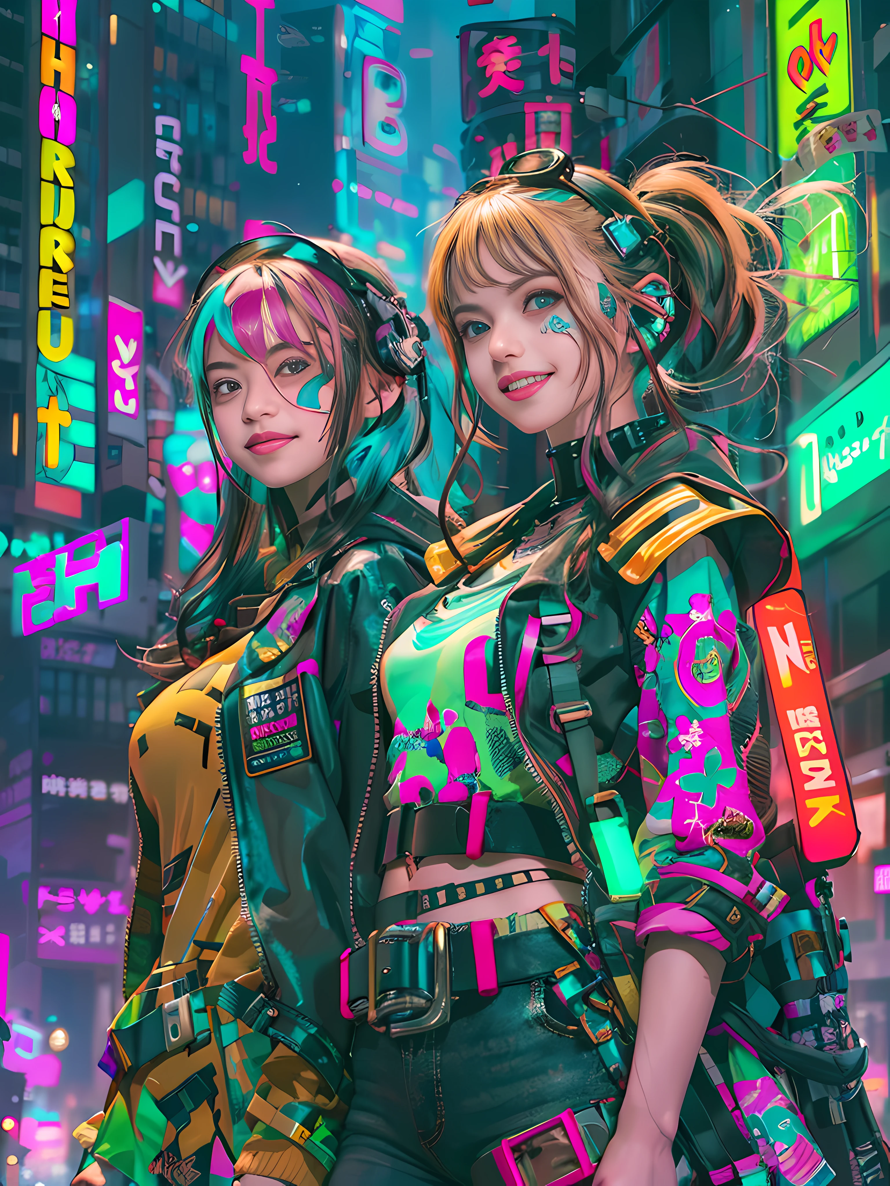 masterpiece, best quality, 2 ((smiling)) cyberpunk girls standing together, Harajuku-inspired cyberpunk body harness, bold colors and patterns, eye-catching accessories, trendy and innovative hairstyle, dazzling Cyberpunk cityscape, skyscrapers, neon signs, LED lights, bright and vivid color scheme, anime, illustration, detailed skin texture, detailed cloth texture, beautiful detailed face, intricate details, ultra detailed.