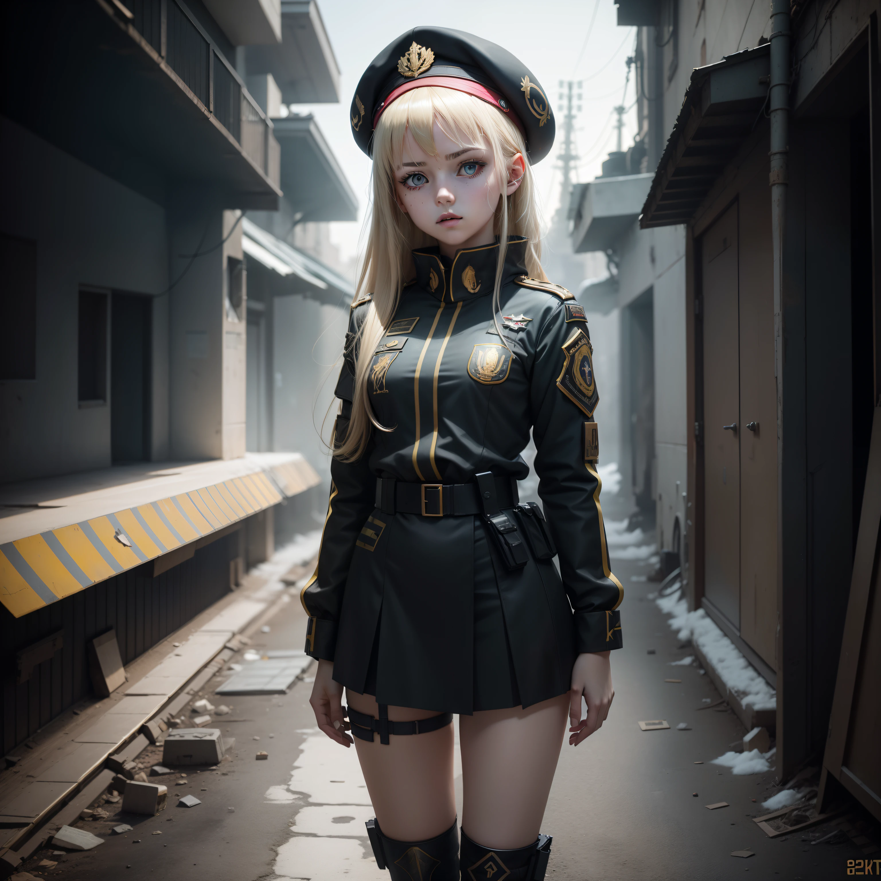 ukrainian girl , Ukrainian anime girls , , Ukraine , Full body composition of young girl with messy bright blonde hair,eye make up, 14 year old, Soft lighting, Solo, Old torn dirty shabby futuristic military uniform, badges, Pose, Blotch color, Octane Render, Hyperrealistic intricate detail, Cinematic, 8K resolution, 70mm, Accent Lighting, Global Illumination, Full body portrait, clean detailed faces, intricate clothing, Cute face, flat chest, Slim waist, Slim legs, small hips,Show white cloth underwear,Wearing a beret,Special Forces Clothing,
