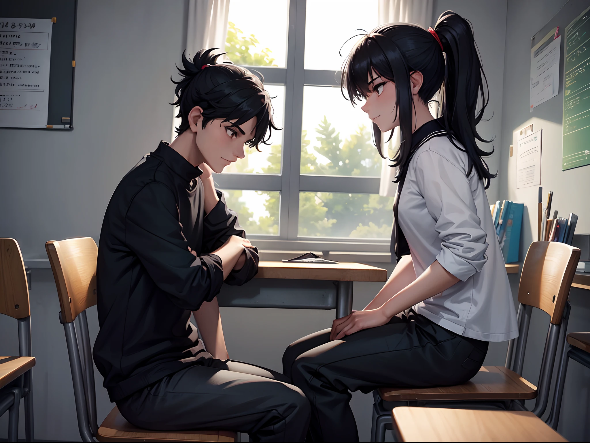 black tshirt, black joggers, baggy pants, grey shoes, black hair, high ponytail, dark brown eyes, in a college class , sitting on seat, class room, windows, fans, whiteboard, writting, looking down, working , shinny hair, shinny eyes, sun lighting, rim lights, sparkles, shinny eyes, perfect hands, perfect detailed face, detailed background,side view, solo, bloom,cool, bright colours, shinny , 2 arms,side lighting, solo,single person, masterpiece, high quality, messy hair, light smile, writting, sitting on seat, sitting on desk , books on table, pen in hand, sitting together, red and black checkered shirt, folded sleeves, 1 boy 1 girl , together, black jacket, white shirt
