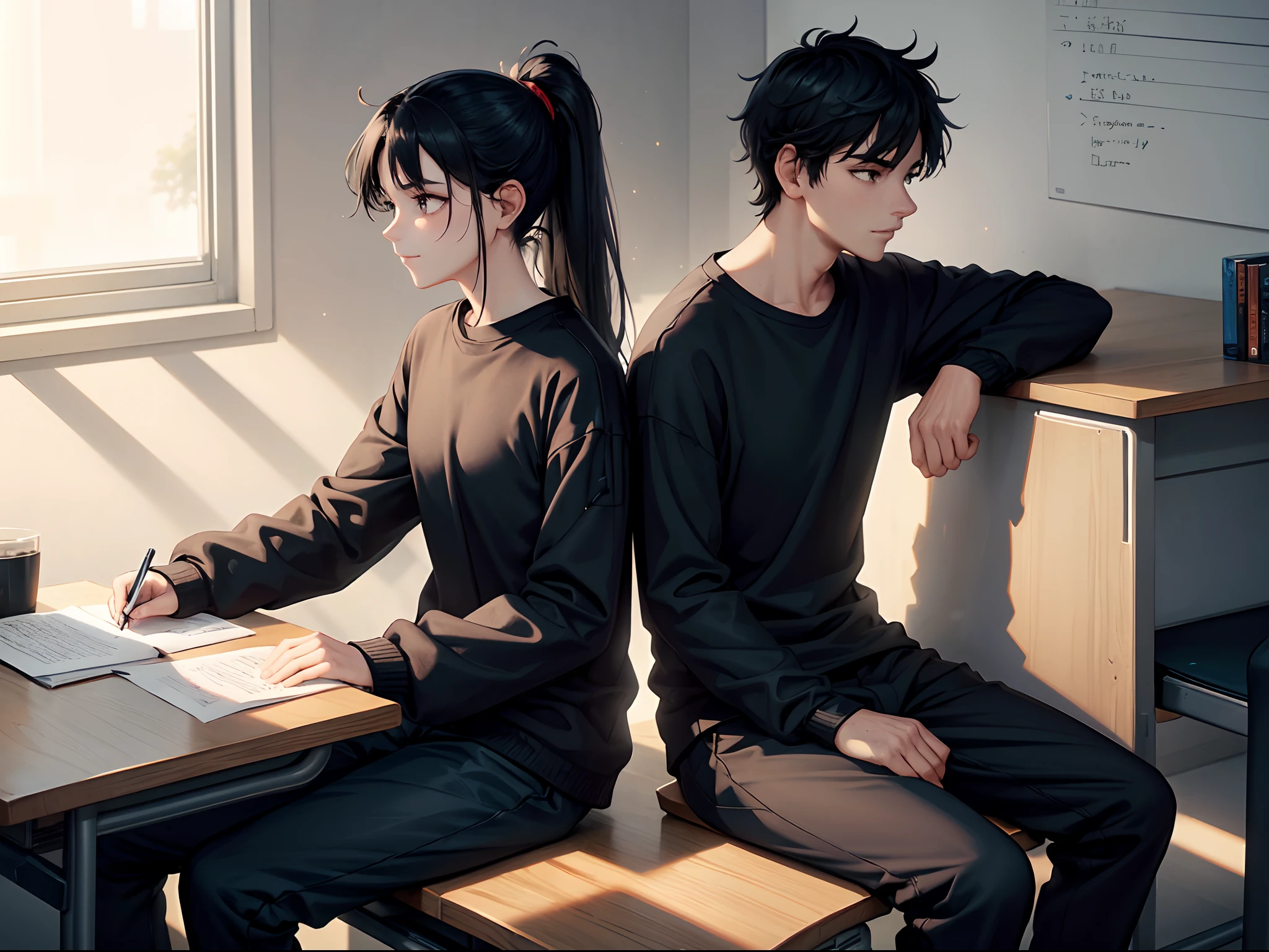 black tshirt, black joggers, baggy pants, grey shoes, black hair, high ponytail, dark brown eyes,  in a college class , sitting on seat, class room, windows, fans, whiteboard, writting, looking down, working , shinny hair, shinny eyes, sun lighting, rim lights, sparkles, shinny eyes, perfect hands, perfect detailed face, detailed background,side view, solo, bloom,cool, bright colours, shinny ,  2 arms,side lighting, solo,single person, masterpiece, high quality, messy hair, light smile, writting, sitting on seat, sitting on desk , books on table, pen in hand, sitting together, red and black checkered shirt, folded sleeves, 1 boy 1 girl , together, black jacket, white shirt