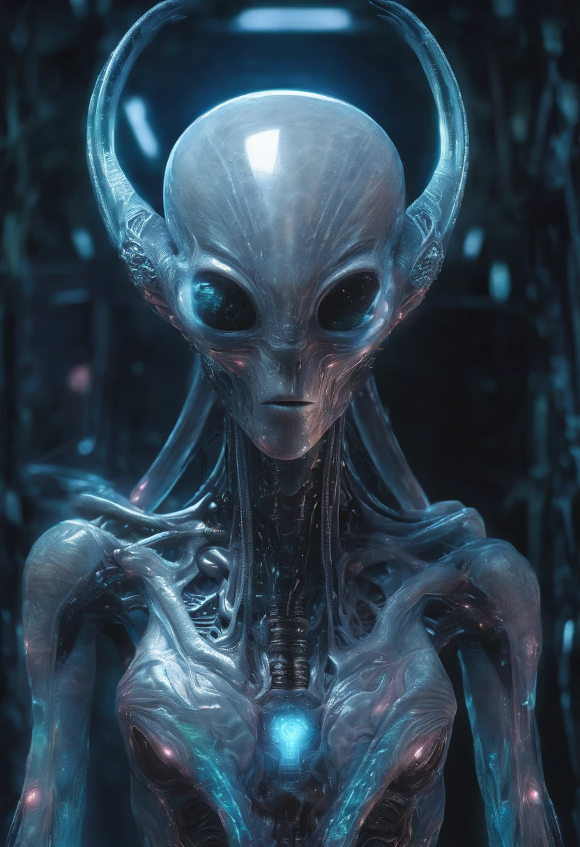 Van Terchall, A translucent ethereal alien,It has refined features in a sci-fi environment, glowing from within, Sparks and lights, Moonlight, Moon, Close-up, Realistic, Highly detailed, Intricate