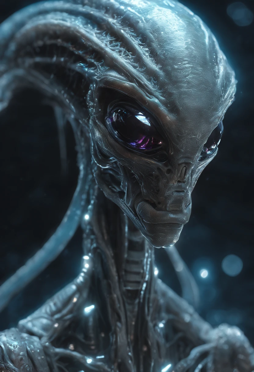 Van Terchall, A translucent ethereal alien,It has refined features in a sci-fi environment, glowing from within, Sparks and lights, Moonlight, Moon, Close-up, Realistic, Highly detailed, Intricate