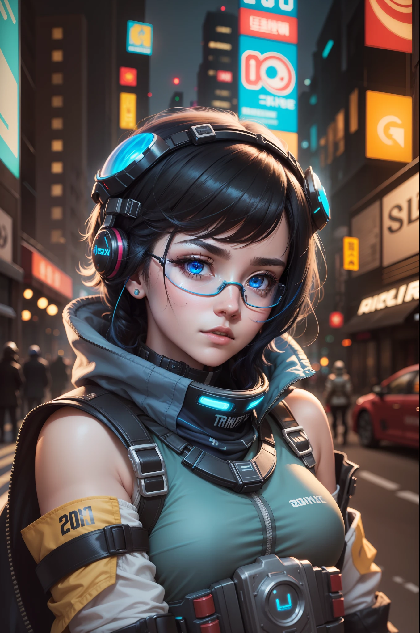 Masterpiece,  Best quality, , (Solo), 1girll, Look up, Dim light, , horizon_(apex legends), goggles, Blue eyes, black color hair, mitts, Shoulder armor,  Headwear, (freckle:0.5), , (Science_fiction), Outdoors, street, Neon lights, Cyberpunk,