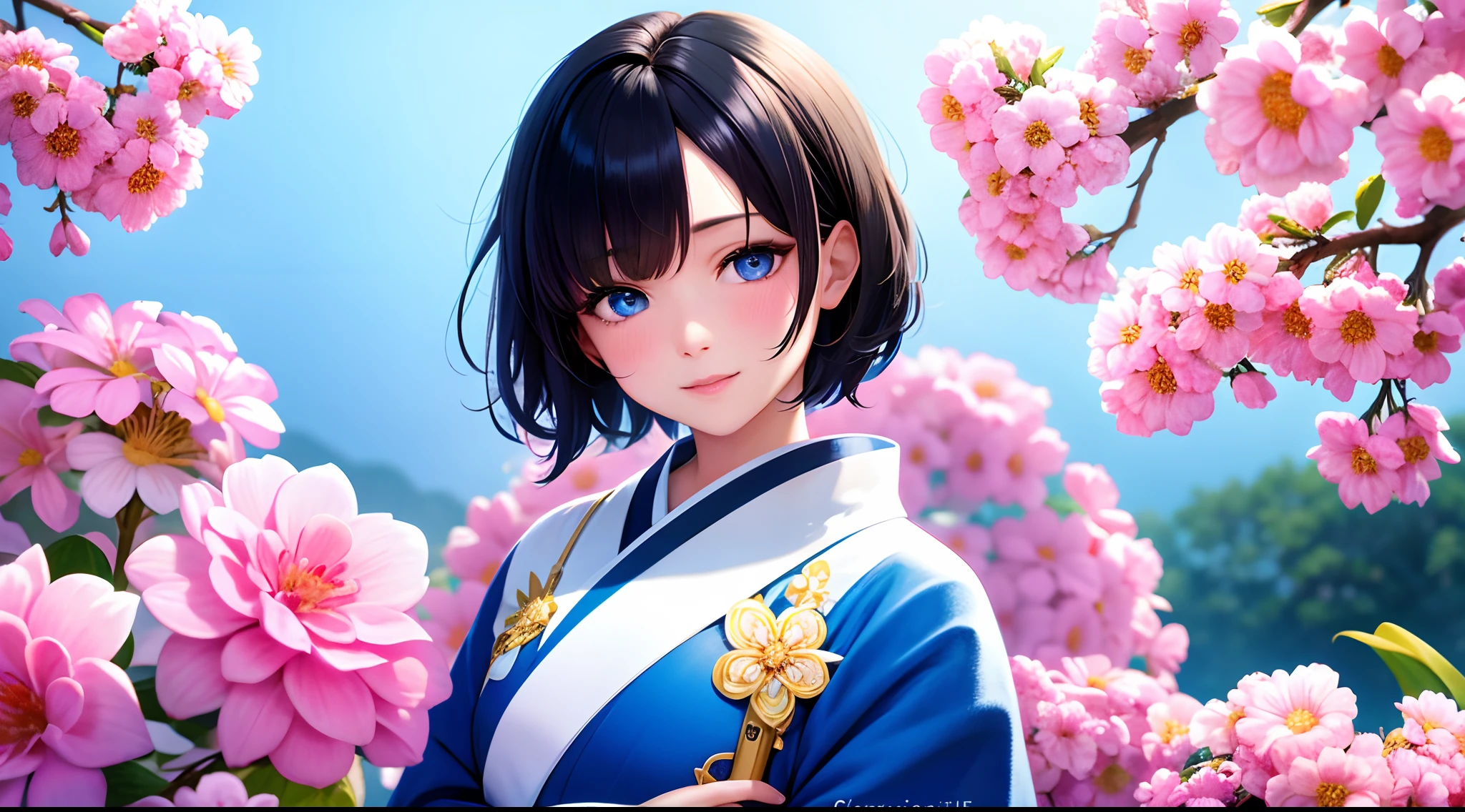 solo, 1girl, short black hair, sparkling blue eyes, realistic, wearing white kimono, 8k resolution, focused upper body shot, standing, ultra-detailed, masterpiece, highest quality, pov, blush, at sakura flower garden