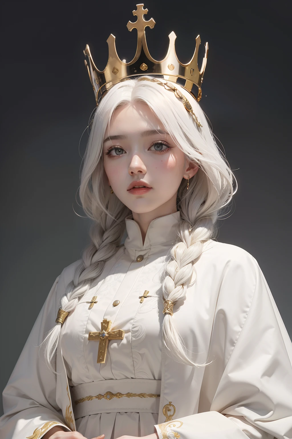 top-quality、masterpiece、white hair、Gold Eye、white clothes、look up to、The upper part of the body、Hair strands、light skinned、Side braid、Papal crown、The Pope's Staff