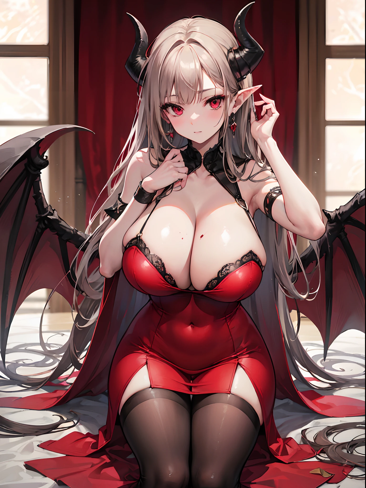 beautiful longhaired beautiful elegant and dominating and sexy succubus, full one piece dress, adult figure, petite body, ((unrealistically extremely large triple i cup breasts that are larger than anything realistic:1.2)), ((((only thigh to head shot)))), ((medieval nobles residence)), succubus horns, pointed succubus ears, blood red eyes, succubus demon tail, ((medieval fantasy motif)), black pantyhose,