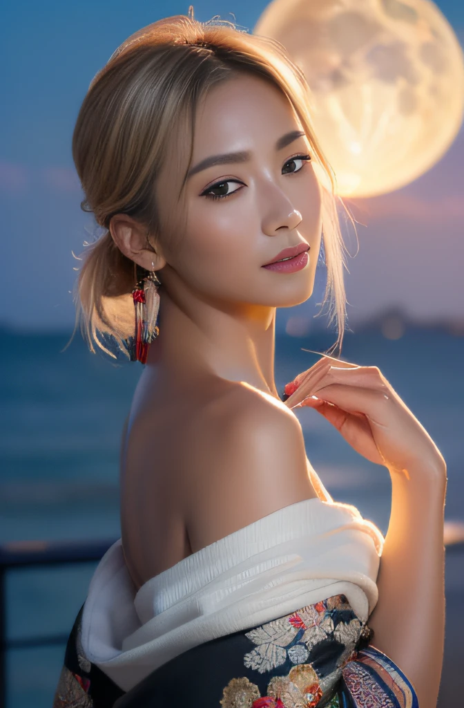 (masterpiece, top-quality:1.3), (Ultra detailed 8K cg:1.2), (hyper realisitic:1.35), (Photorealistic:1.45), (Realistic:1.4), 1 beautiful Japanese girl, fair skin, shiny skin, (blond hair:1.1), (Tanned skin:1.3), (gal make:1.2), black gal, (oiran:1.2), beautiful kimono, off shoulder, (large moon in background:1.2), dynamic lighting, (cowboy shot),