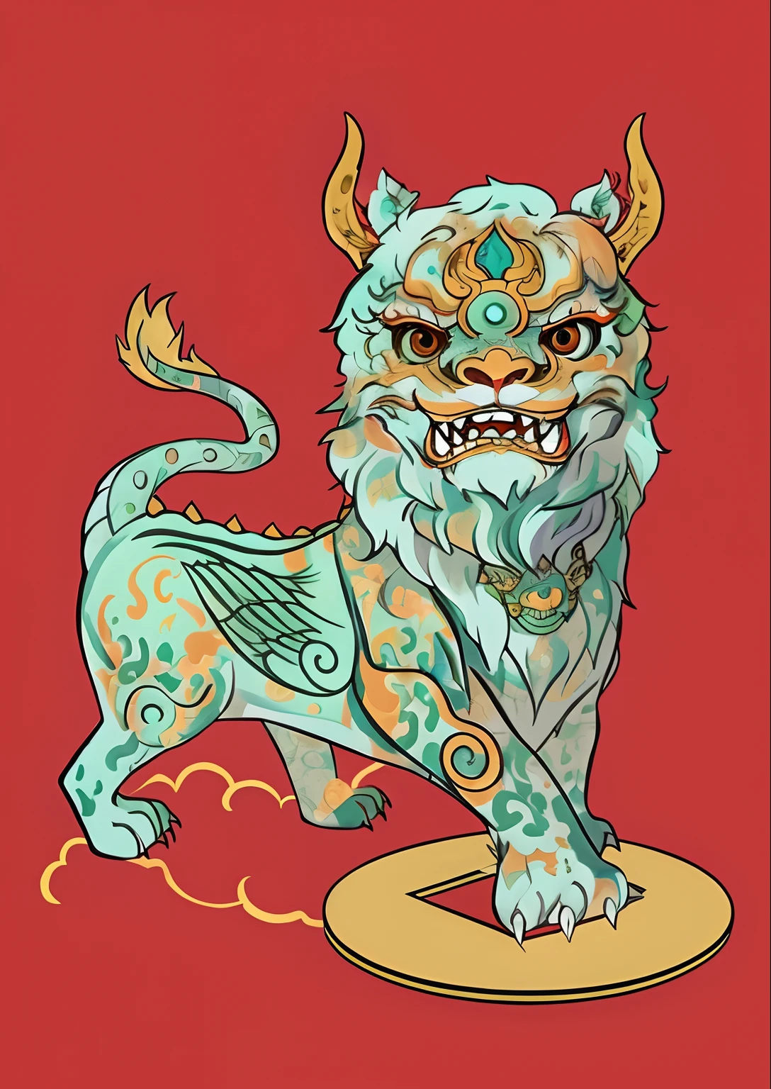 There is a painting of a lion on a red background, asura from chinese myth, cyan chinese dragon fantasy, Akira in Chinese mythology, ancient china art style, inspired by Tawaraya Sōtatsu, inspired by Luo Mu, artwork in the style of z.Show on the. gu, inspired by Luo Ping, full-colour illustration