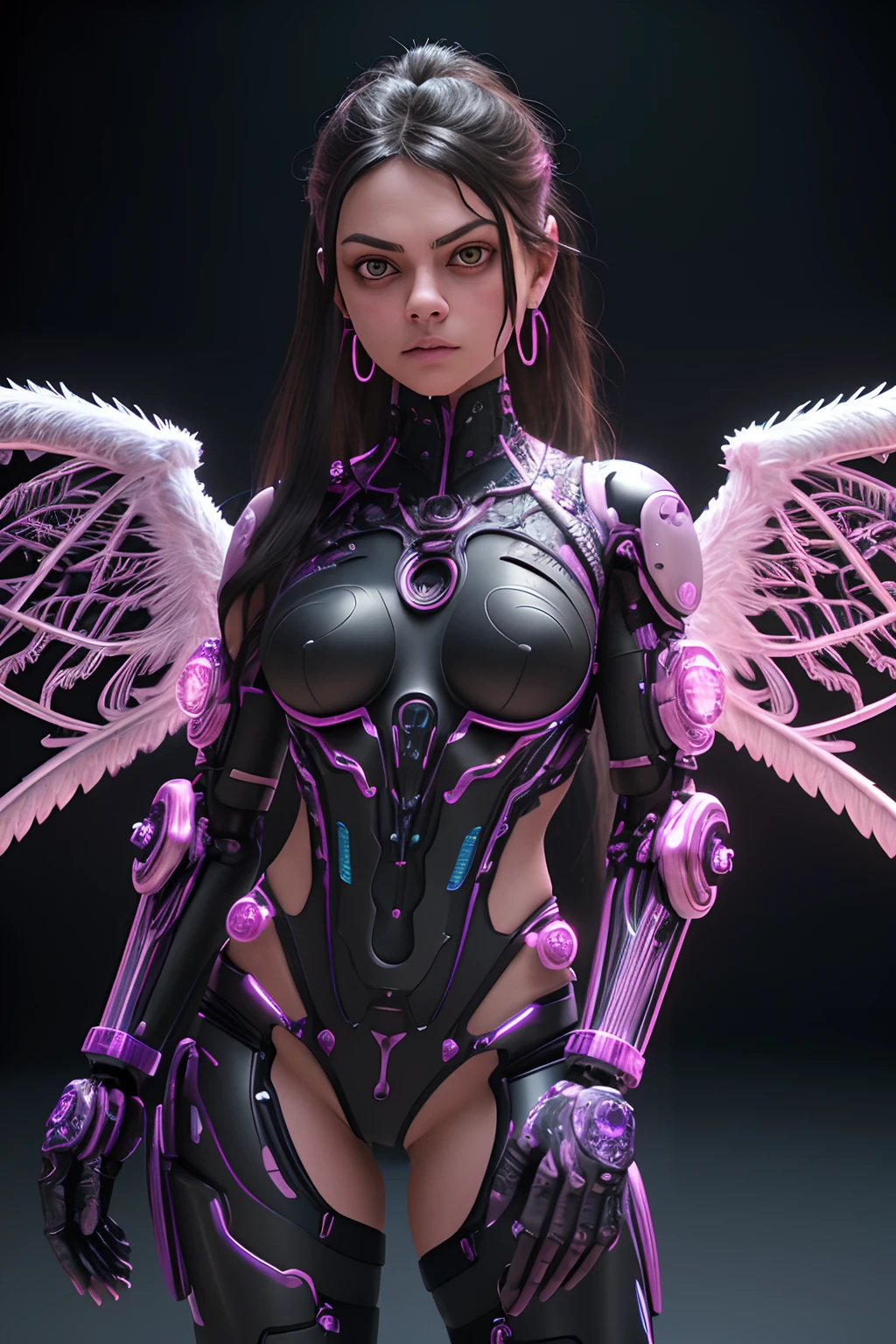 complex 3d render ultra detailed beautiful preteen Mila Kunis death angel, biomechanical cyborg, analog 150 mm lens, beautiful natural soft rim light, neon vein, roots, fine foliage lace, colorful details, Boris Bidjan Saberi outfit, pearl earrings, piercing, art nouveau fashion embroidered, intricate details, mesh wire, mandelbrot fractal, facial muscles, cable wires, microchip, badass, hyper realistic, ultra detailed, octane render, volumetric lighting, 8k post-production, pink and purple with a lot of black, detailled metalic bones, semi human, iridescent colors, Glenn Brown style, futuristic room, power of the god, high-angle shot, complex body poses