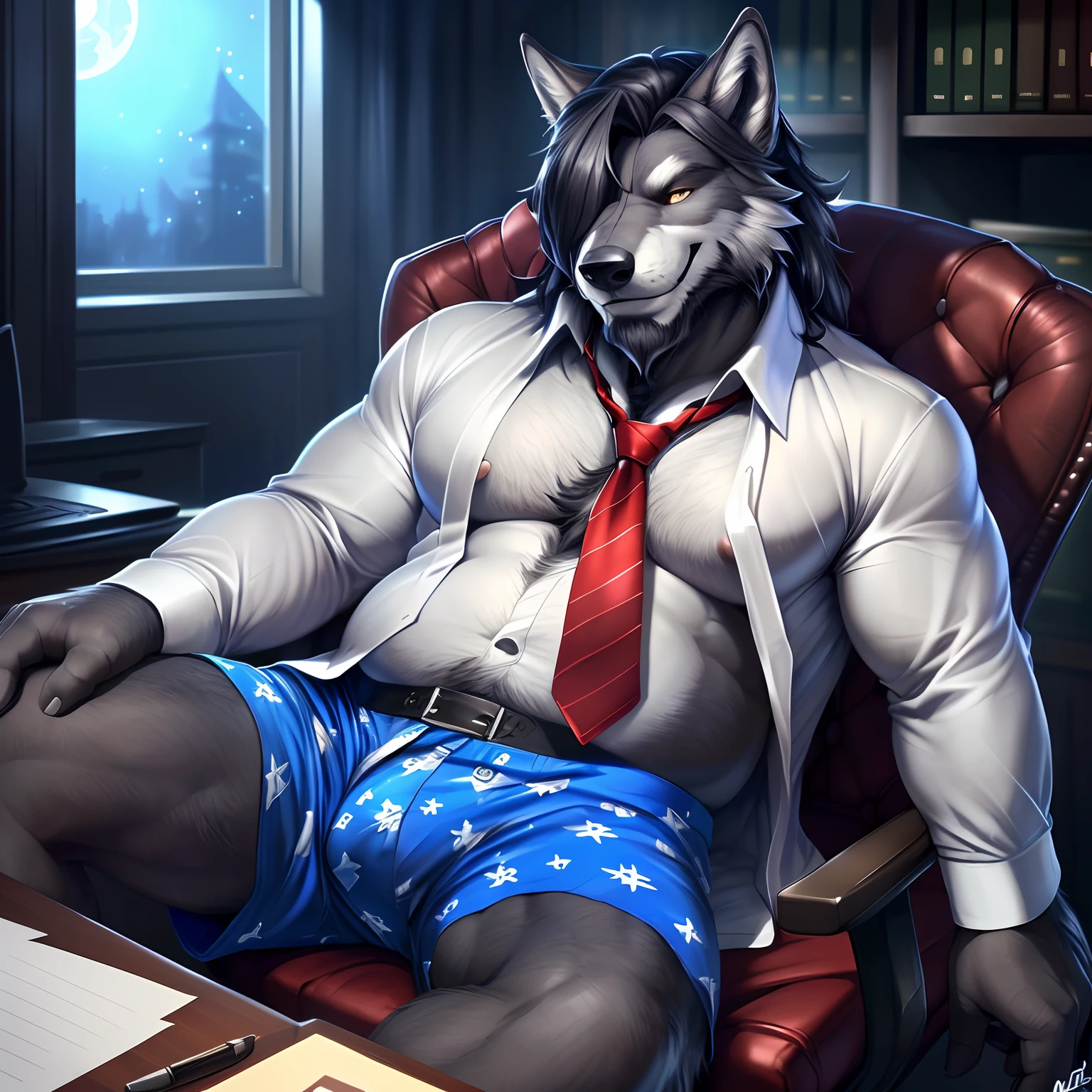 (by narse, by null-ghost, by darkgem, by personalami) older male,old chubby wolf,black fur:1.3,(dark gray hair, hair over eye:1.3),(gray facial hair:1.2),(hi res, best quality, high quality, detailed, shaded, shading, masterpiece:1.2), detailed eyes, detailed clothing, smirk, seductive smile, hairy chest, lying in office chair, office, night,(blue stars pattern oversized white loose_boxers:1.3), (white Open shirt:1.2), (red necktie removed),(posing),full body,(wolf tail)
