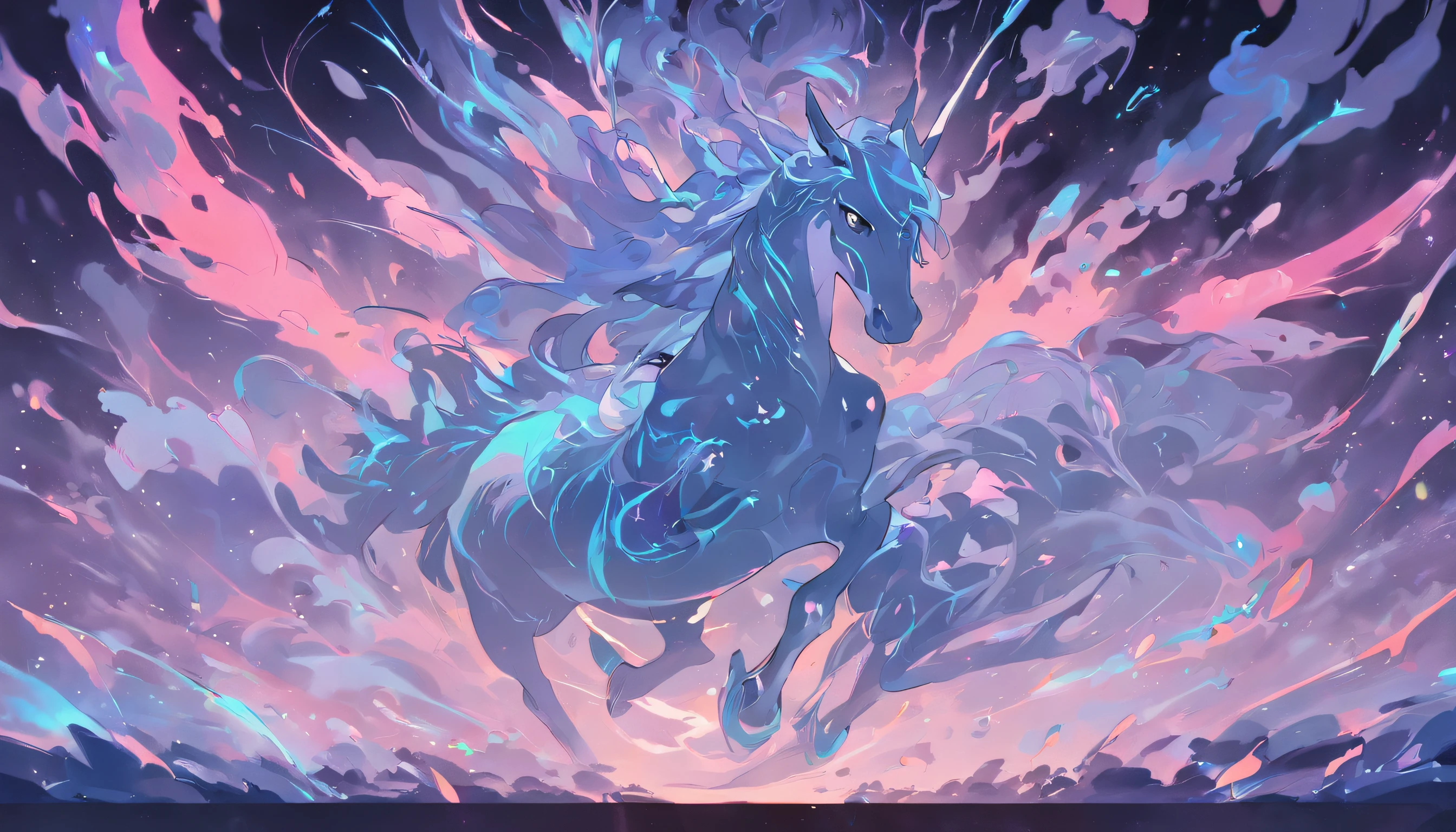 （Legendary artwork），（Running unicorns），Blue-black body，fluorescence，rendering by octane：1.5，in a cloud，Faraway view，Ultra-clear image quality，No characters，（Cloud effects：1.5），（Lightning effects：1.5），（Water vapor effect：1.5），super detailing，8K，official works