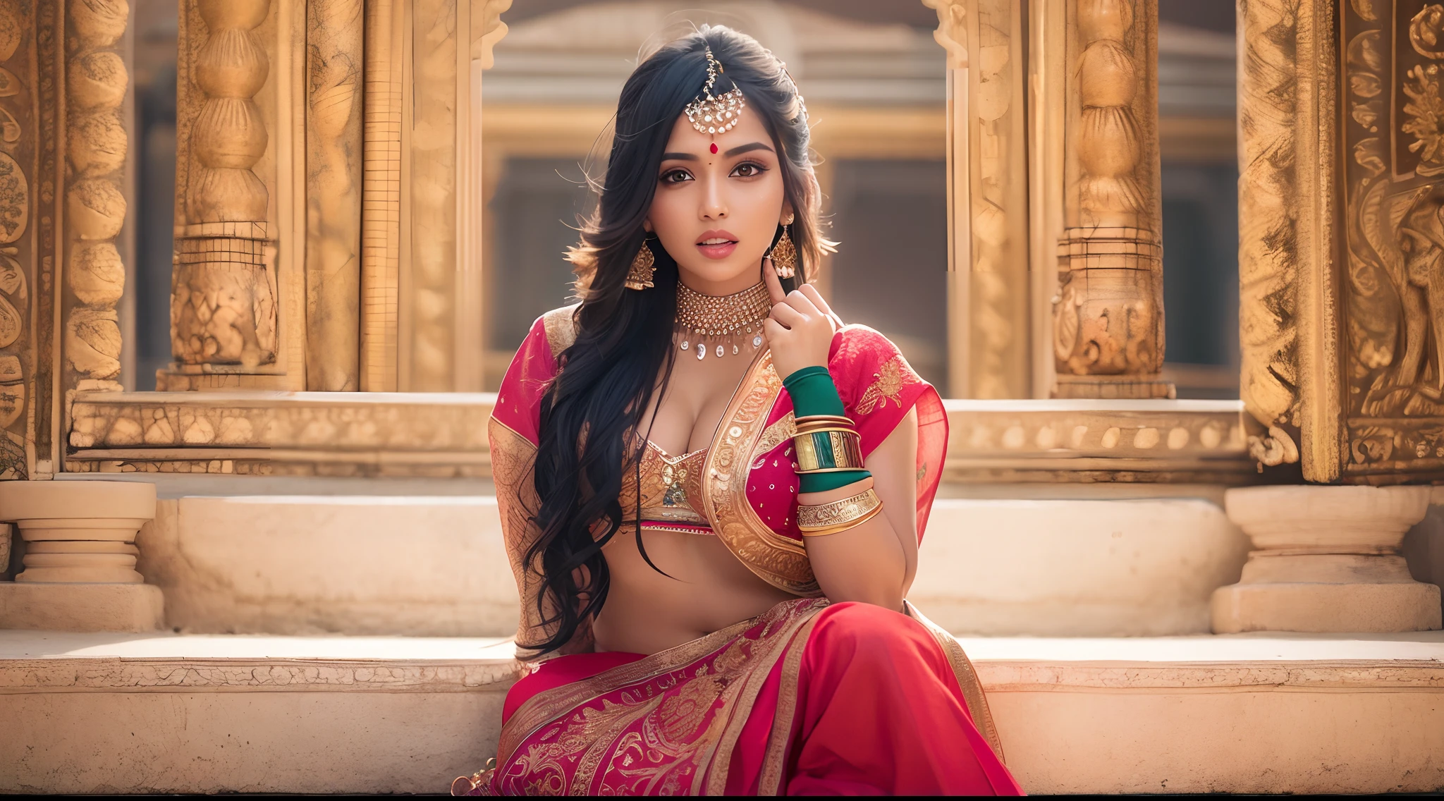 a woman in a sari posing for a picture, indian goddess, traditional beauty, indian, beautiful goddess, ornate cosplay, indian style, indian super model, beautiful maiden, gorgeous woman, south east asian with long, provocative indian, gorgeous beautiful woman, intricate outfit, hindu aesthetic, beautiful asian girl, extremely detailed goddess shot, jaw-dropping beauty, big boobs deep cleavage sexy navel