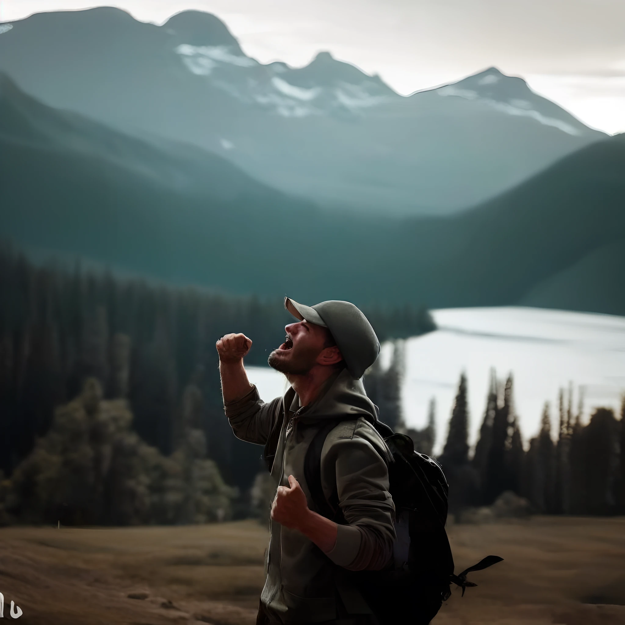 A man shouts in the forest alone at the top of his voice in front of the mountains and a lake