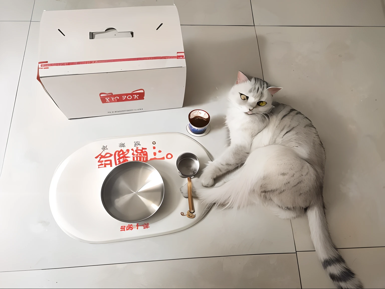 There was a cat lying on the floor next to the bowl, there is full bedpan next to him, Wang Chen, the cat is drinking tea, Handsome, the cat cooks soup, cat drinking milk, A handsome, Handsome girl, cat eating, half cat, author：Li Meishu, neko, A cat