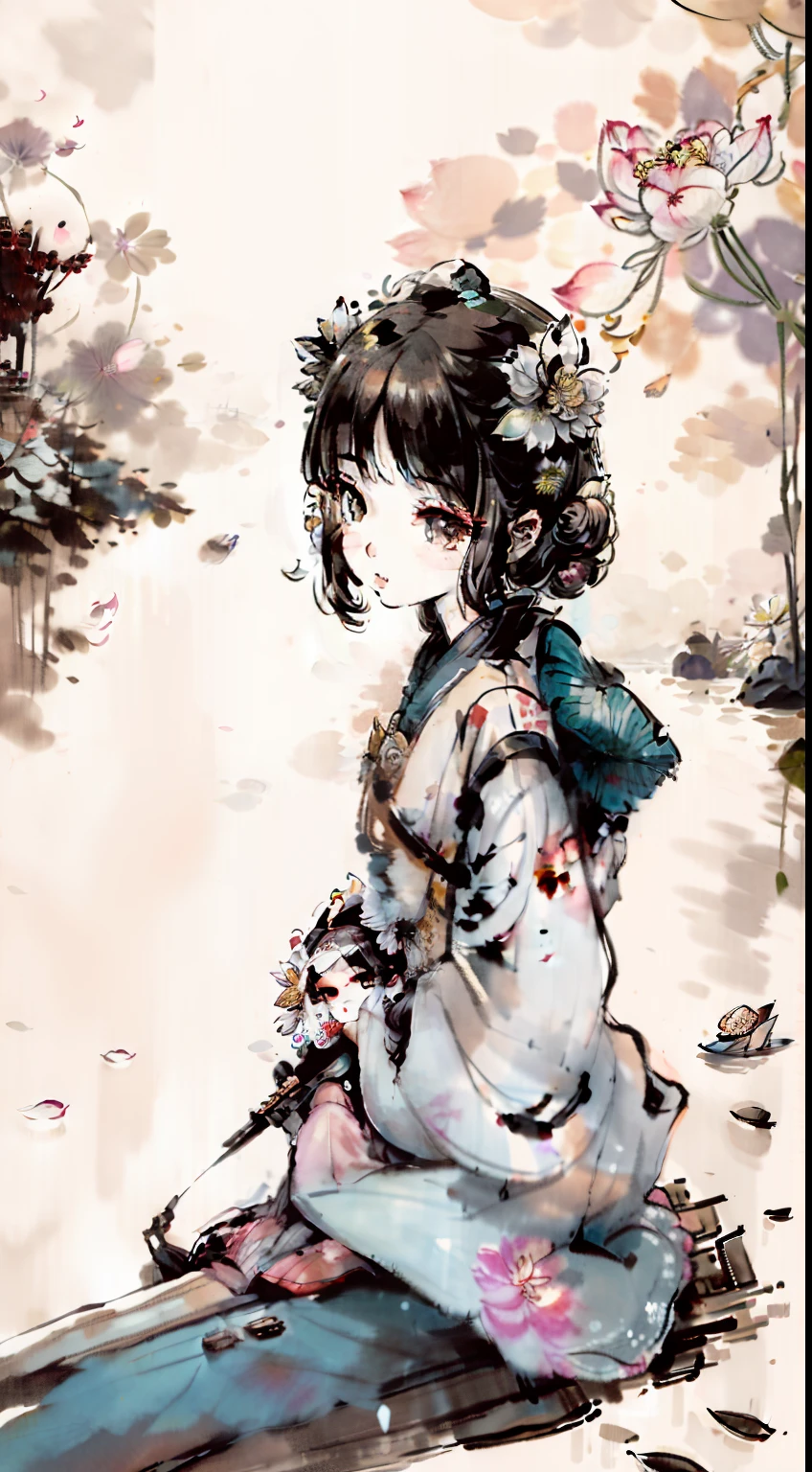 A young girl dressed in a Tang dynasty costume,high and cold,Lotus in hand,Sitting in a small boat,The boat is on the water,There are many lotus flowers around,China-style,Refinement,depth of fields