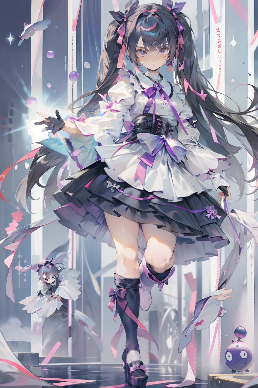 masterpiece, best quality, (jirai_kei), 1girl, solo, black long hair, looking at viewer, dynamic pose, black hair, long VERY puffy sleeves, twintails, standing, holding lolipop, monochrome, blak hair bow, long dress, gray skirt, white blouse, black ribbon on skirt, pink hair ribbons, purple ribbons, mainly black pink purple white theme, platform footwear, long socks, cute ribbons everywhere, detailed jewel eyes, cute, adult, black training gloves, insane detail