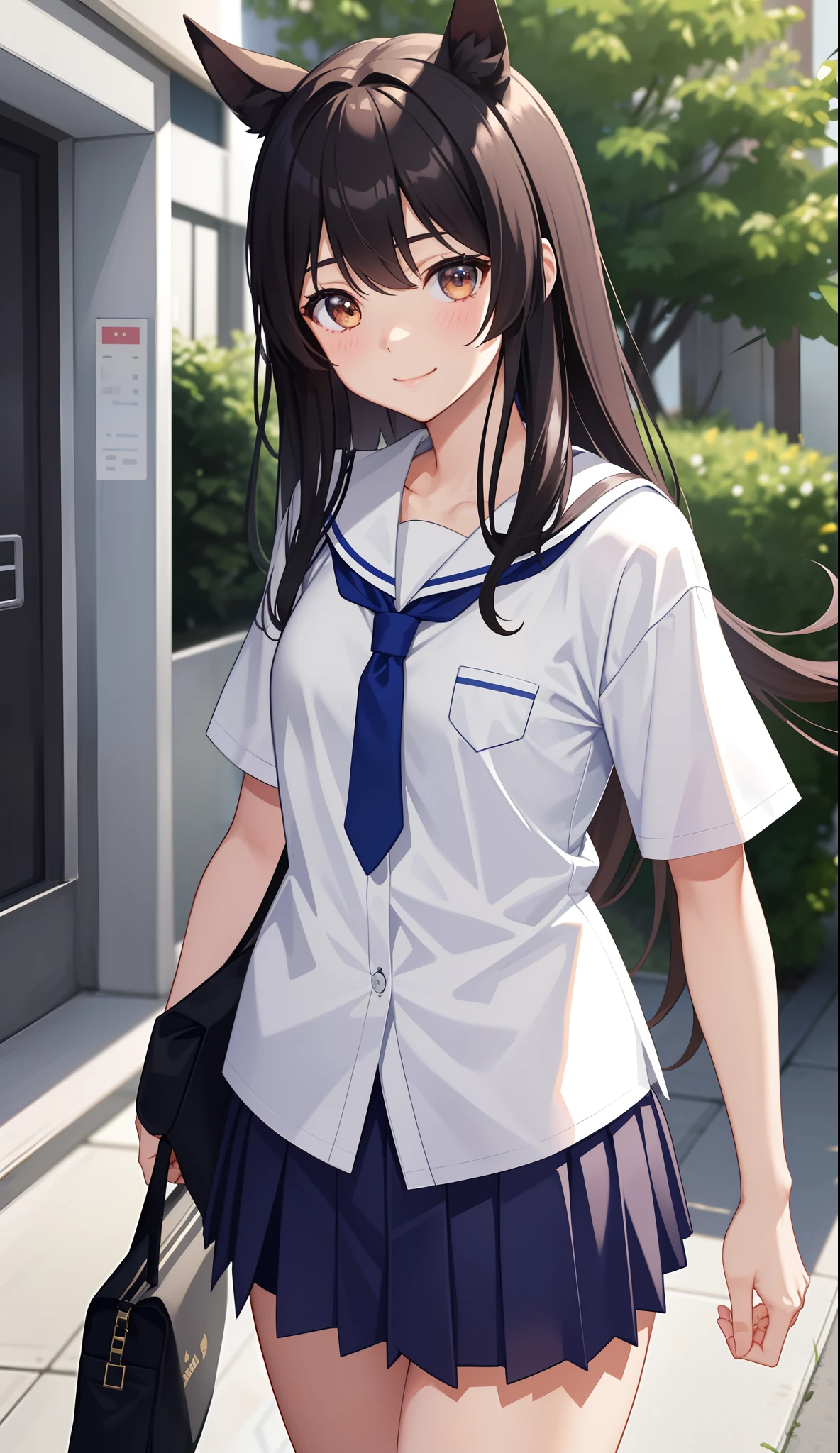 1girl in、AS-Adult、A smile、(Tsundere)、The shirt、skirt by the、(small tits)Chilarism、Japan High School Student Uniform、serafuku、summer clothing、(Sheer Bra)、Upper body portrait、horse ear(Uma Musume)、Running、Sprinting、