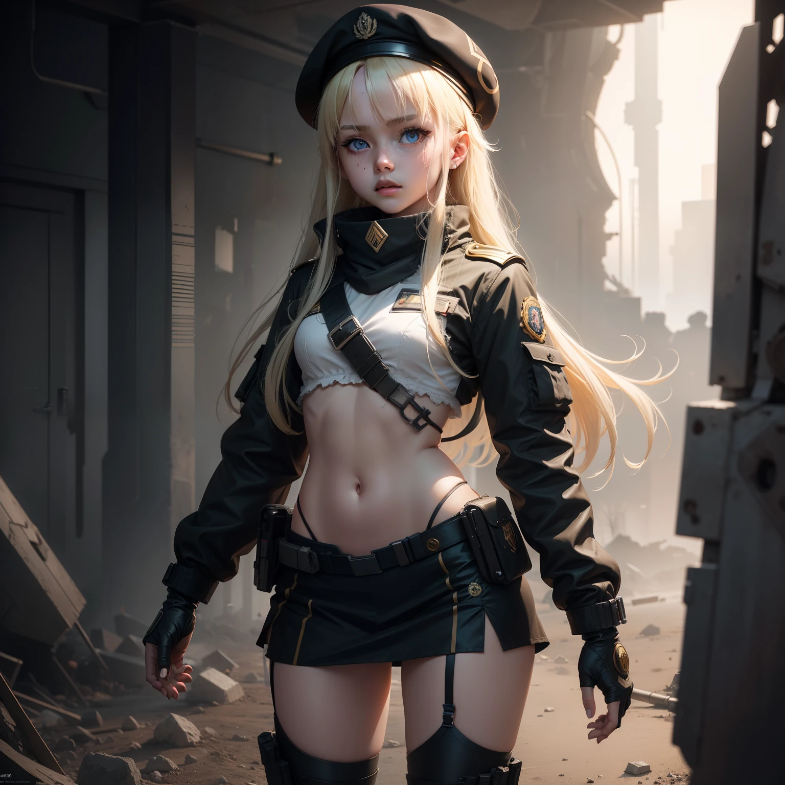 ukrainian girl , Ukrainian anime girls , , Ukraine , Full body composition of young girl with messy bright blonde hair, eye make up, 13 year old, Soft lighting, Solo, Old torn dirty shabby futuristic military uniform, badges, Pose, Blotch color, Octane Render, Hyperrealistic intricate detail, Cinematic, 8K resolution, 70mm, Accent Lighting, Global Illumination, Full body portrait, clean detailed faces, intricate clothing, Cute face, flat chest, Slim waist, Slim legs, small hips,Special Forces Clothing,beret,Chest exposed,