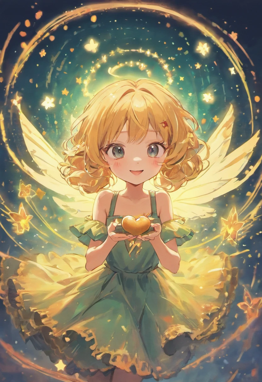 Draw a cheerful, smiling fairy with long, wavy hair.
• She must be wearing a colorful dress with a baker's apron.
• In hands, holding a magic wand and a tray of magic candies.
• Around it, add bright colors and confectionery elements, such as sweets and cakes.