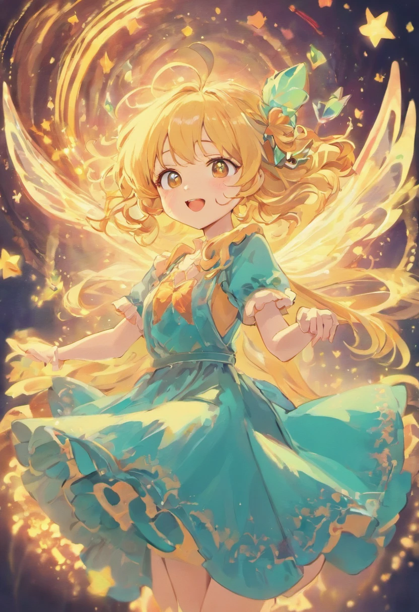 Draw a cheerful, smiling fairy with long, wavy hair.
• She must be wearing a colorful dress with a baker's apron.
• In hands, holding a magic wand and a tray of magic candies.
• Around it, add bright colors and confectionery elements, such as sweets and cakes.