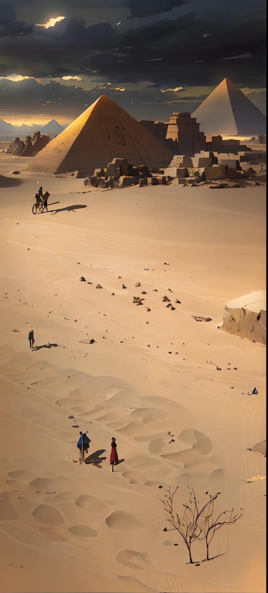 Desert painting with Egyptian pyramids as a background, ross tran. scenery background, Makoto Shinkai. High detail, Makoto Shinkai's style, Pondering. By Makoto Shinkai, greg rutkowski makoto shinkai, studio glibly makoto shinkai, Makoto Shinkai. —h 2160