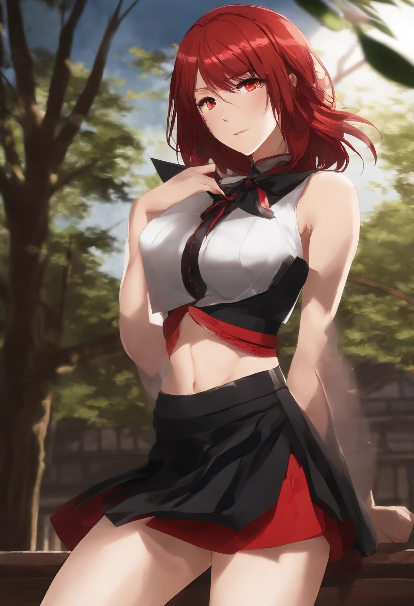 beautiful, masterpiece, best quality, extremely detailed face, perfect lighting,1girl, solo, matoi ryuuko, black serafuku, black skirt, red hair, senketsu, torn clothes, underboob